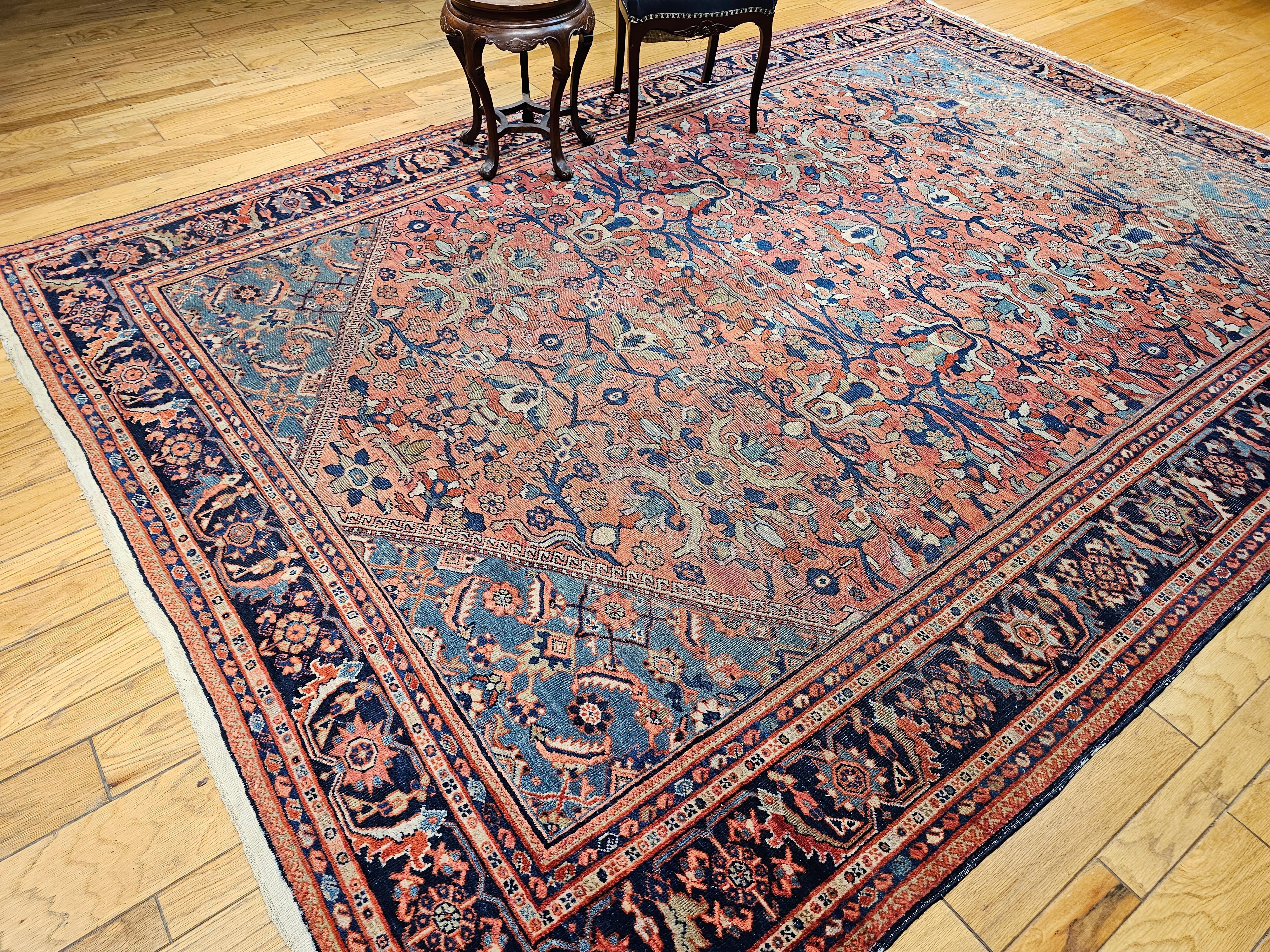 Vintage Persian Mahal Sultanabad in Large Allover Pattern in Rust Red, Turquoise For Sale 11
