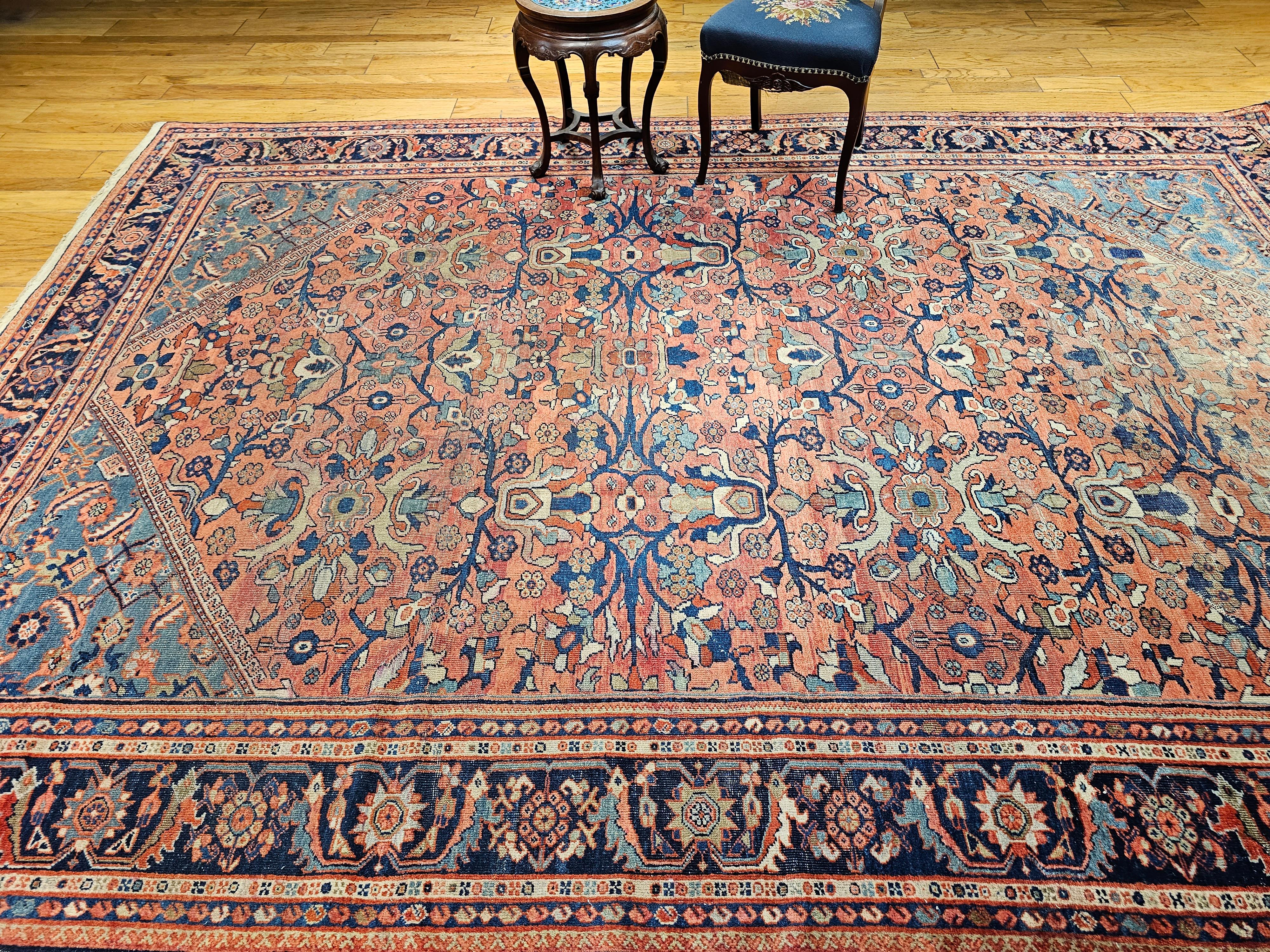 Vintage Persian Mahal Sultanabad in Large Allover Pattern in Rust Red, Turquoise For Sale 12
