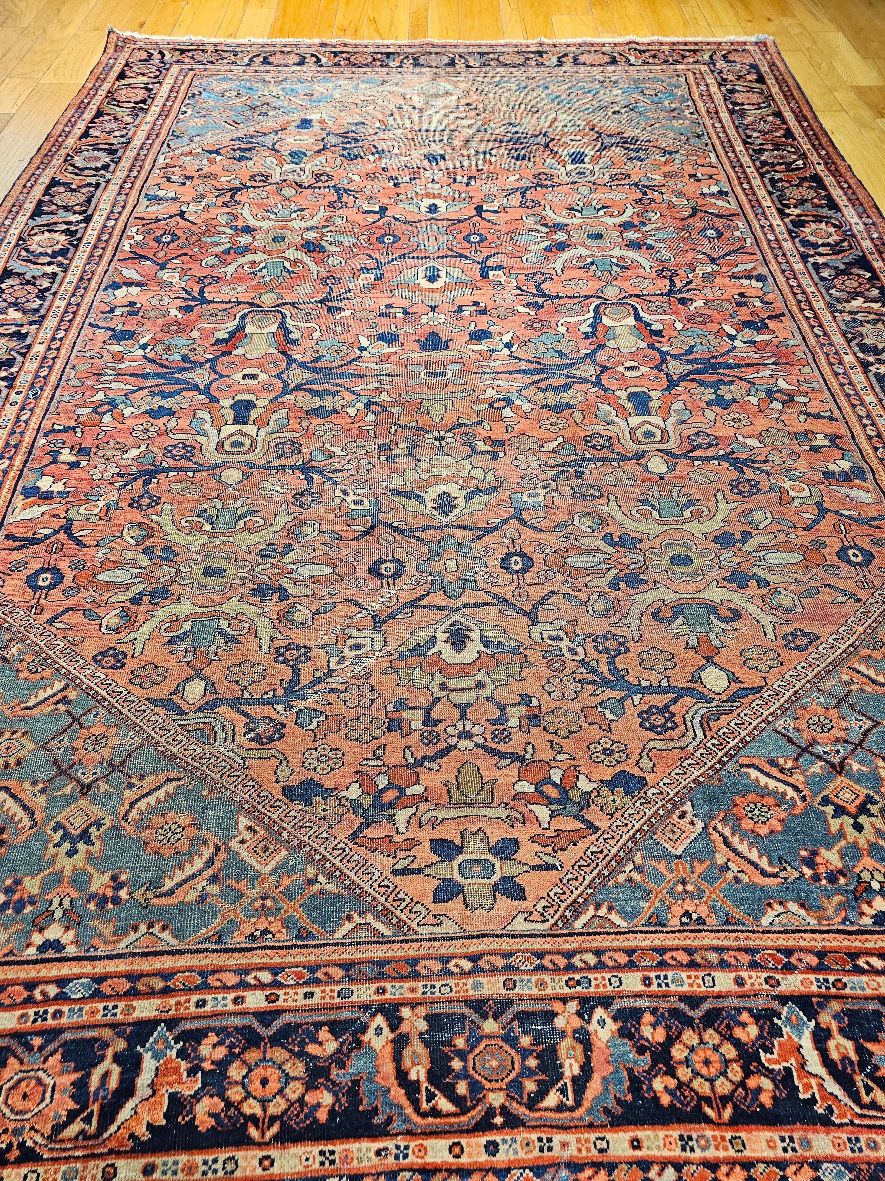 Vintage Persian Mahal Sultanabad in Large Allover Pattern in Rust Red, Turquoise For Sale 14