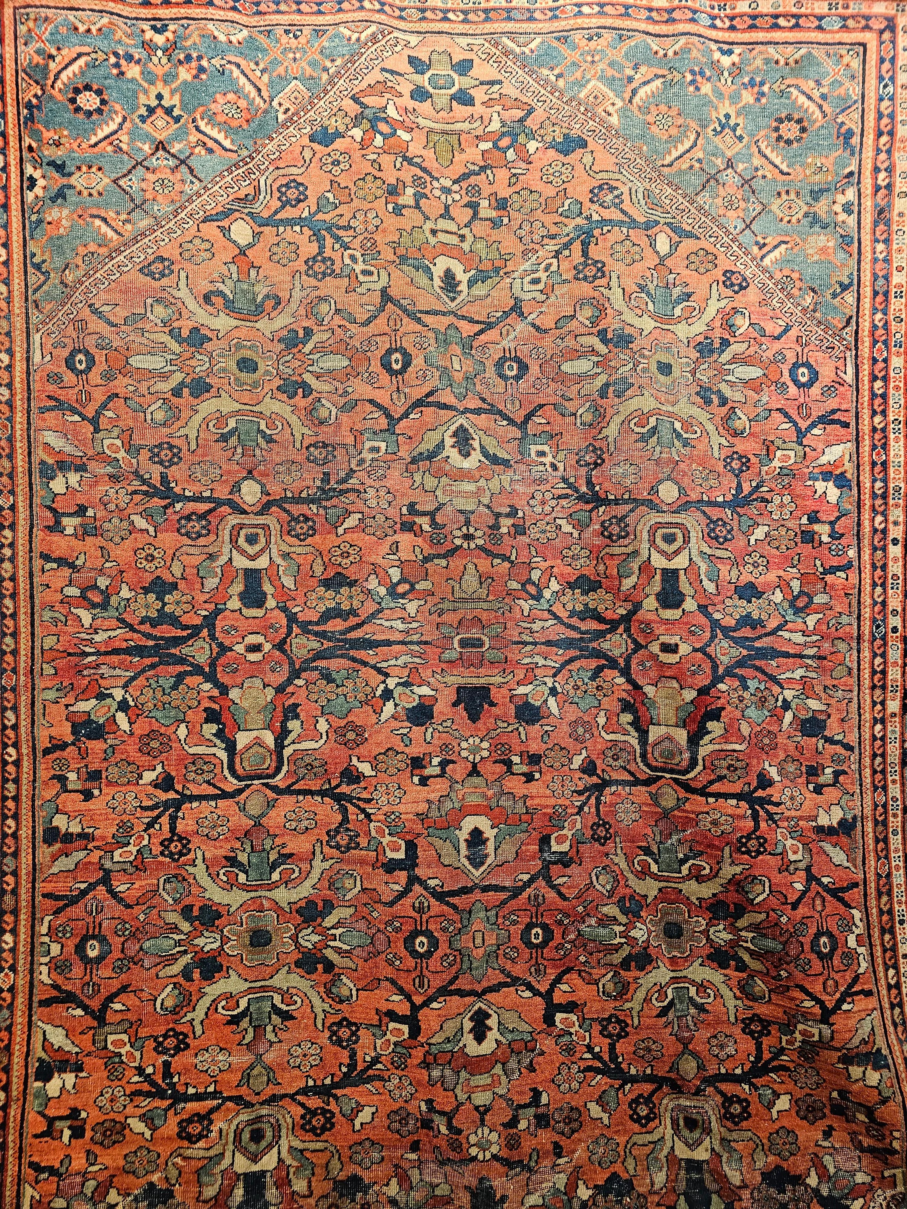 Hand-Woven Vintage Persian Mahal Sultanabad in Large Allover Pattern in Rust Red, Turquoise For Sale