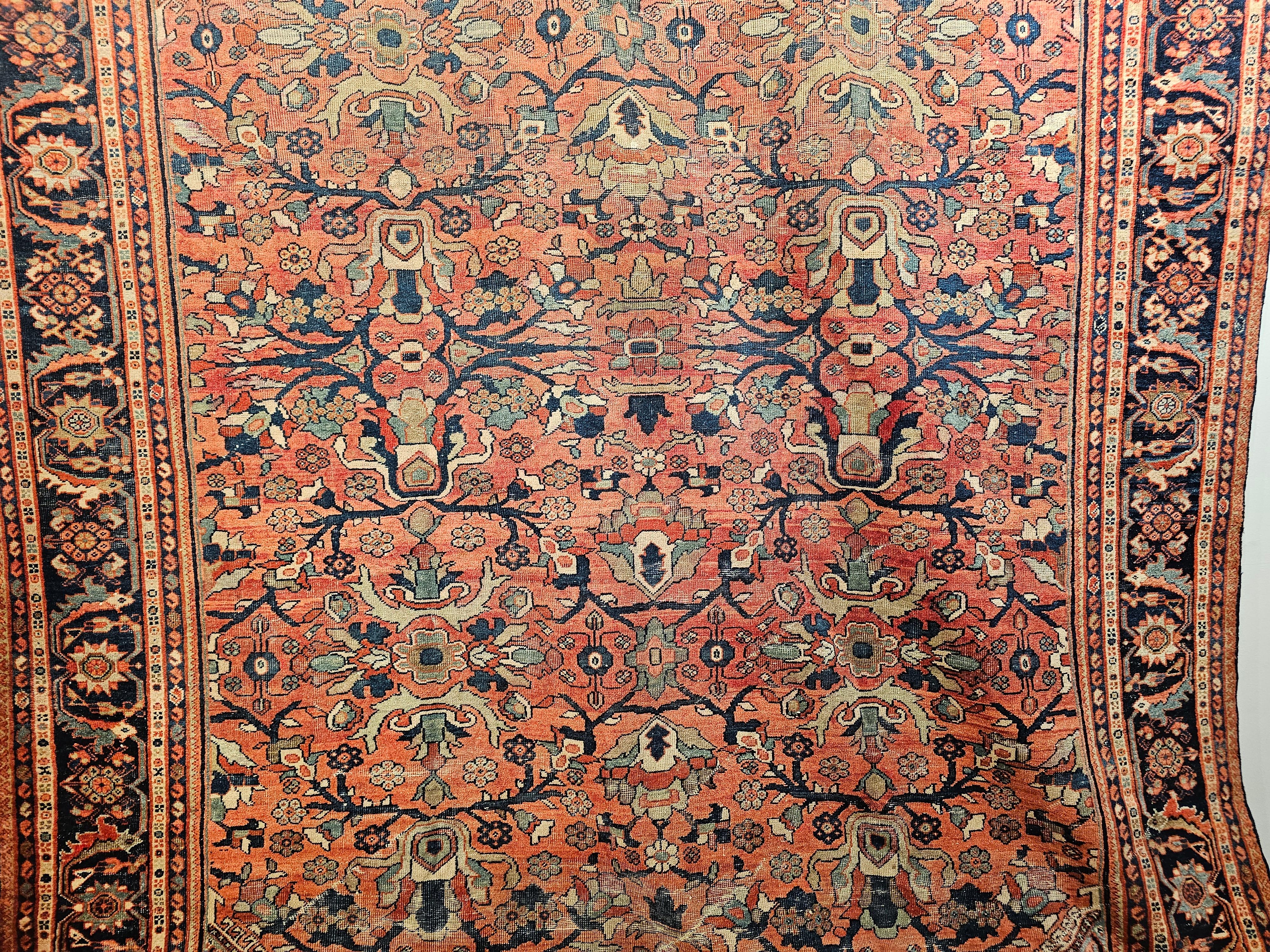 Vintage Persian Mahal Sultanabad in Large Allover Pattern in Rust Red, Turquoise In Good Condition For Sale In Barrington, IL