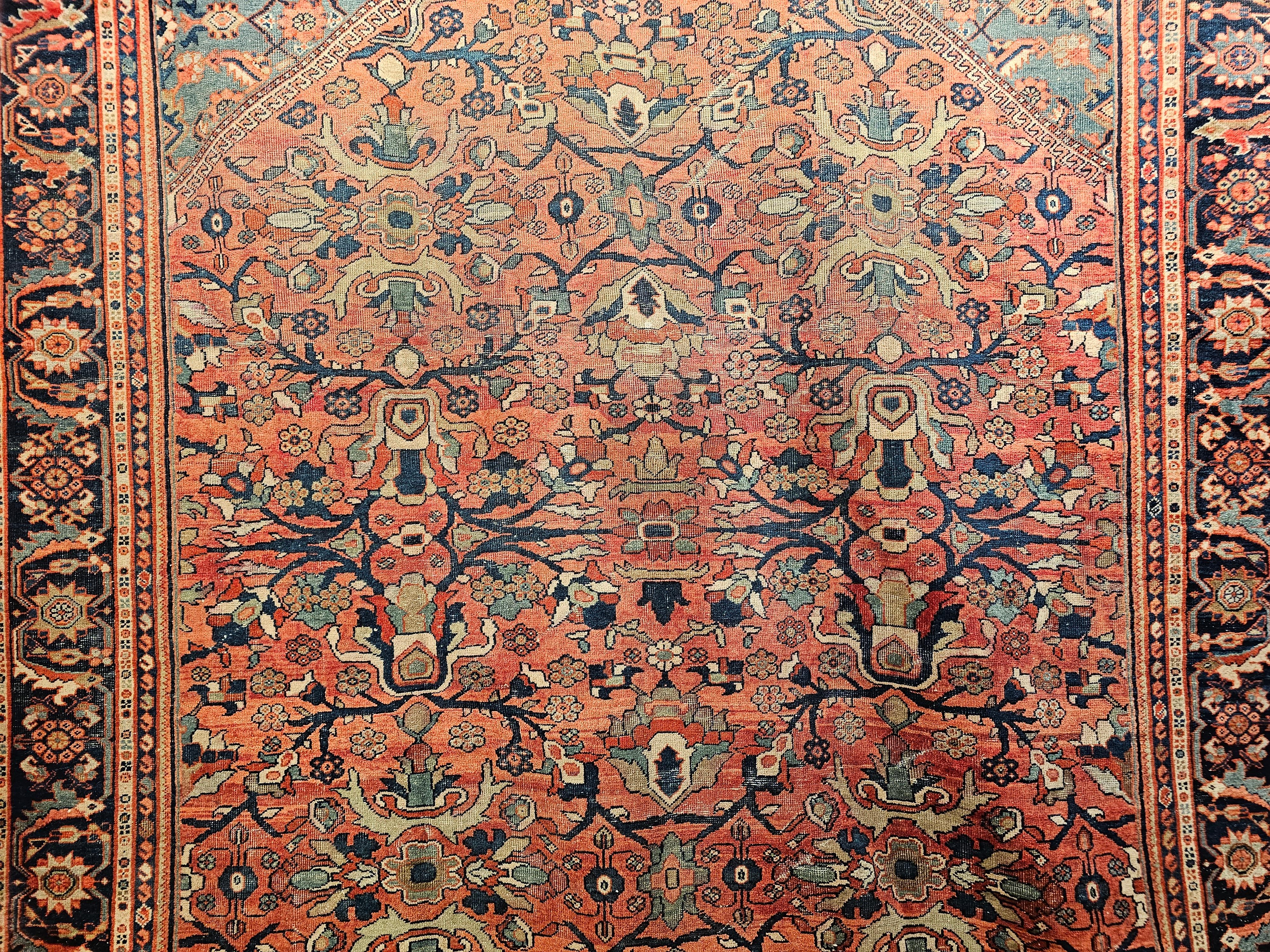 20th Century Vintage Persian Mahal Sultanabad in Large Allover Pattern in Rust Red, Turquoise For Sale