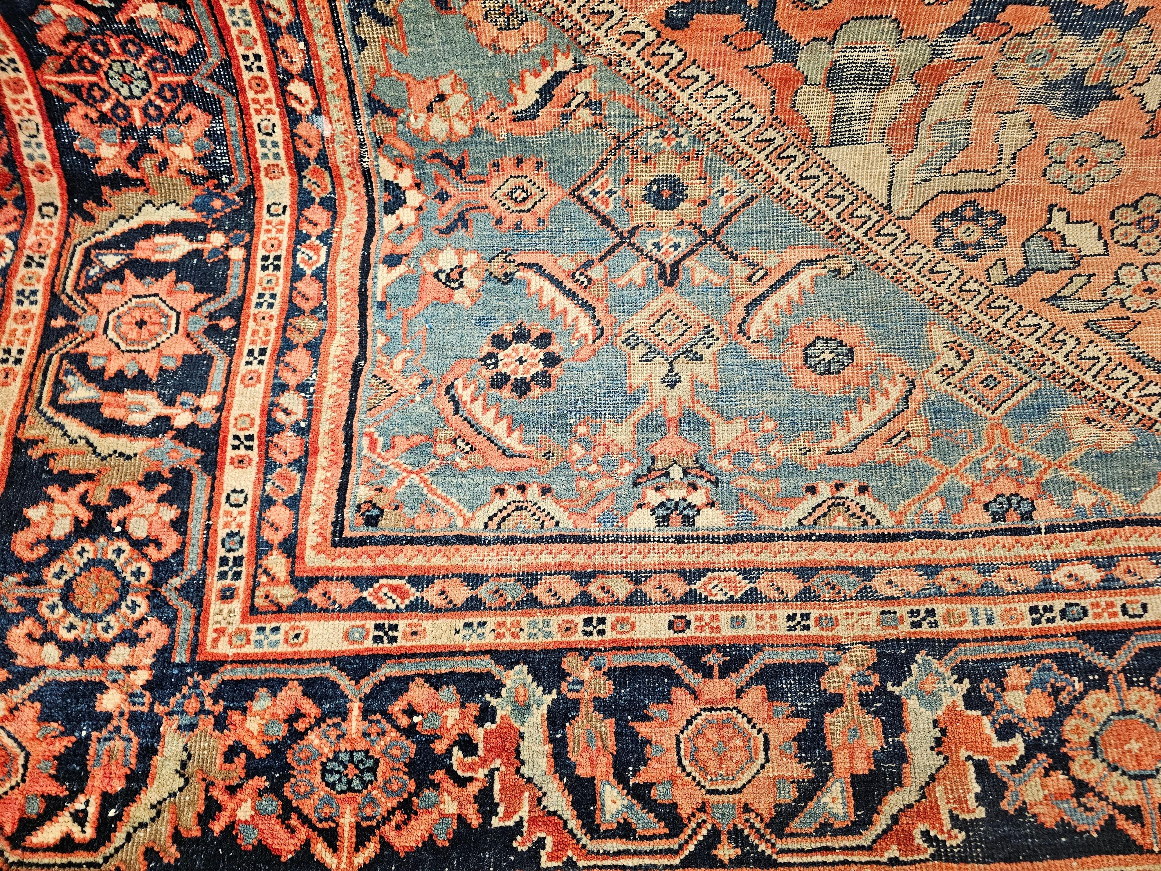Wool Vintage Persian Mahal Sultanabad in Large Allover Pattern in Rust Red, Turquoise For Sale