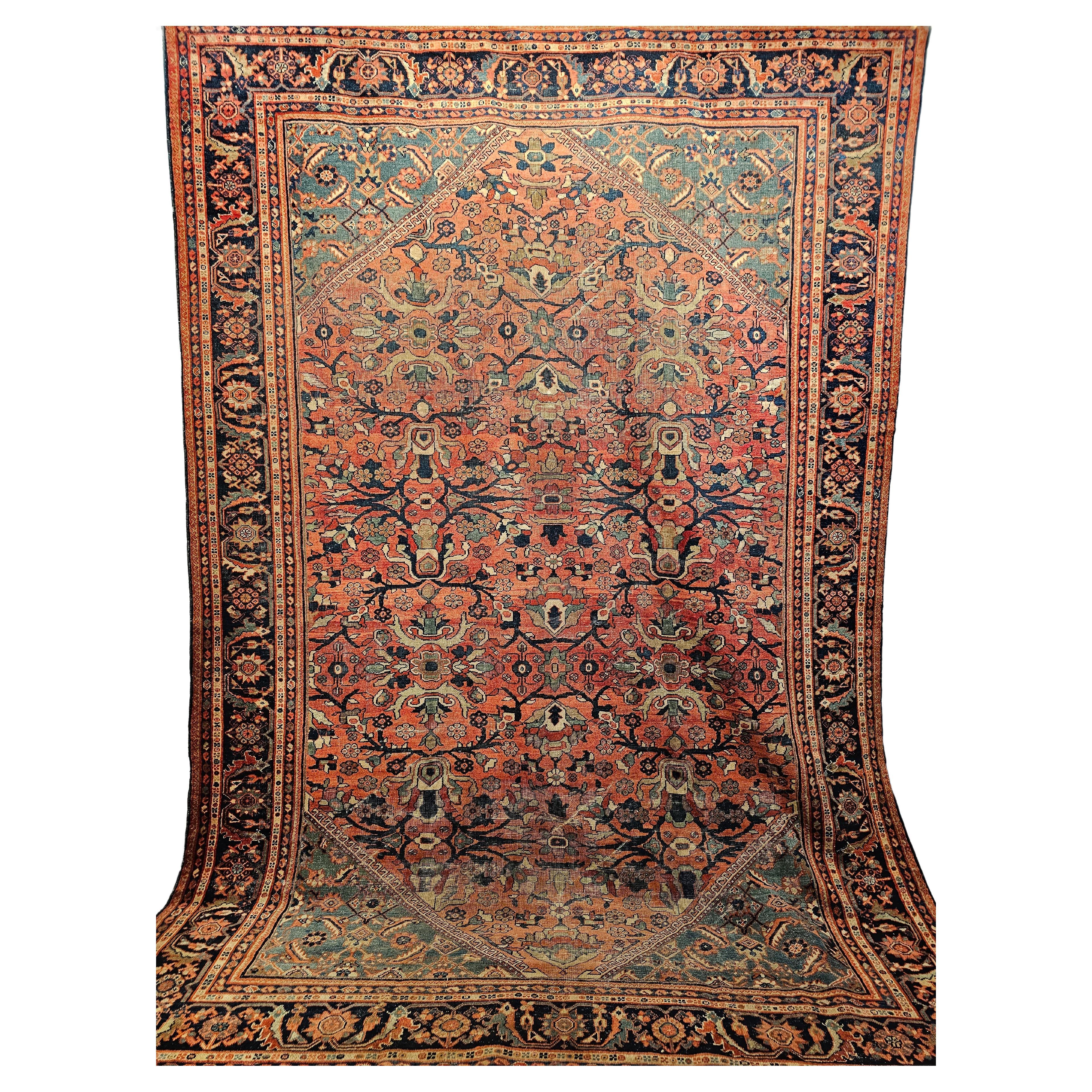 Vintage Persian Mahal Sultanabad in Large Allover Pattern in Rust Red, Turquoise For Sale