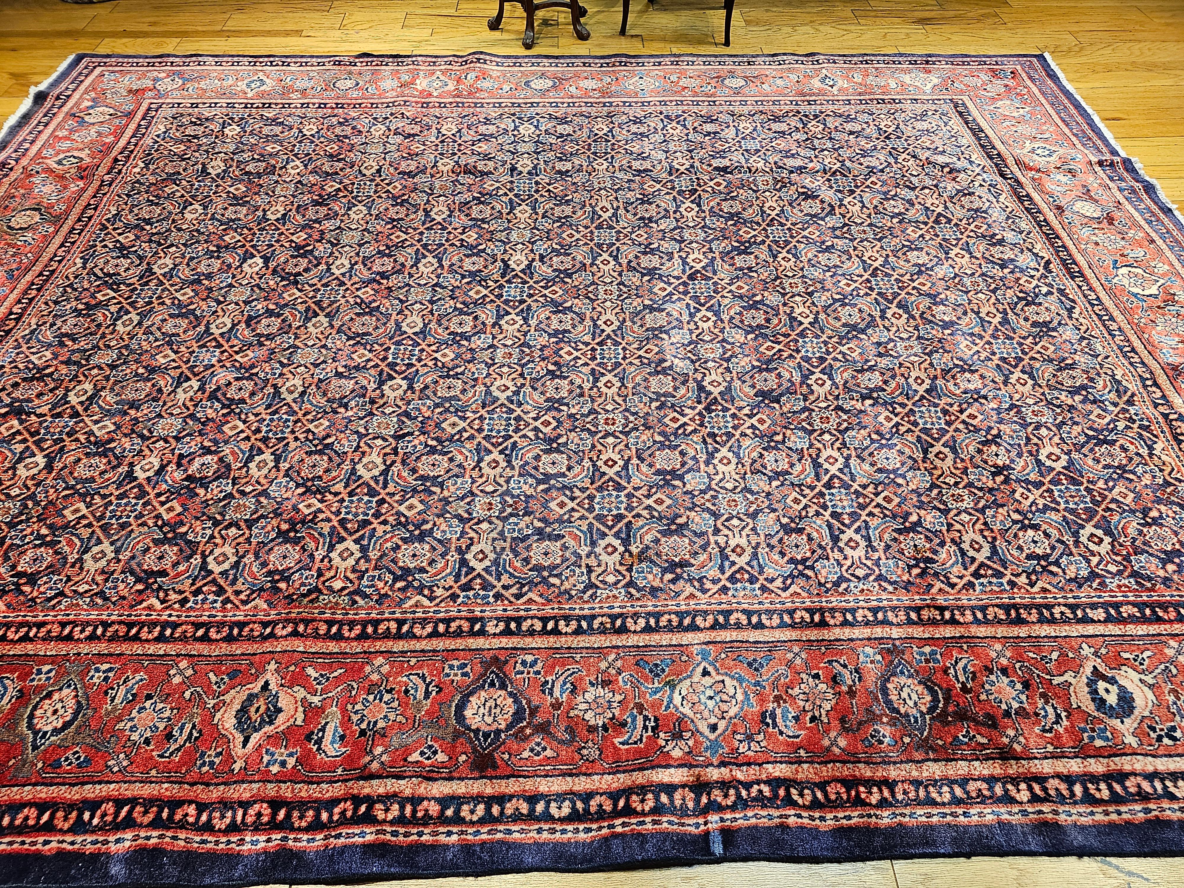 Vintage Persian Mahal Sultanabad Rug in All-over Pattern in Blue, Terracotta For Sale 4