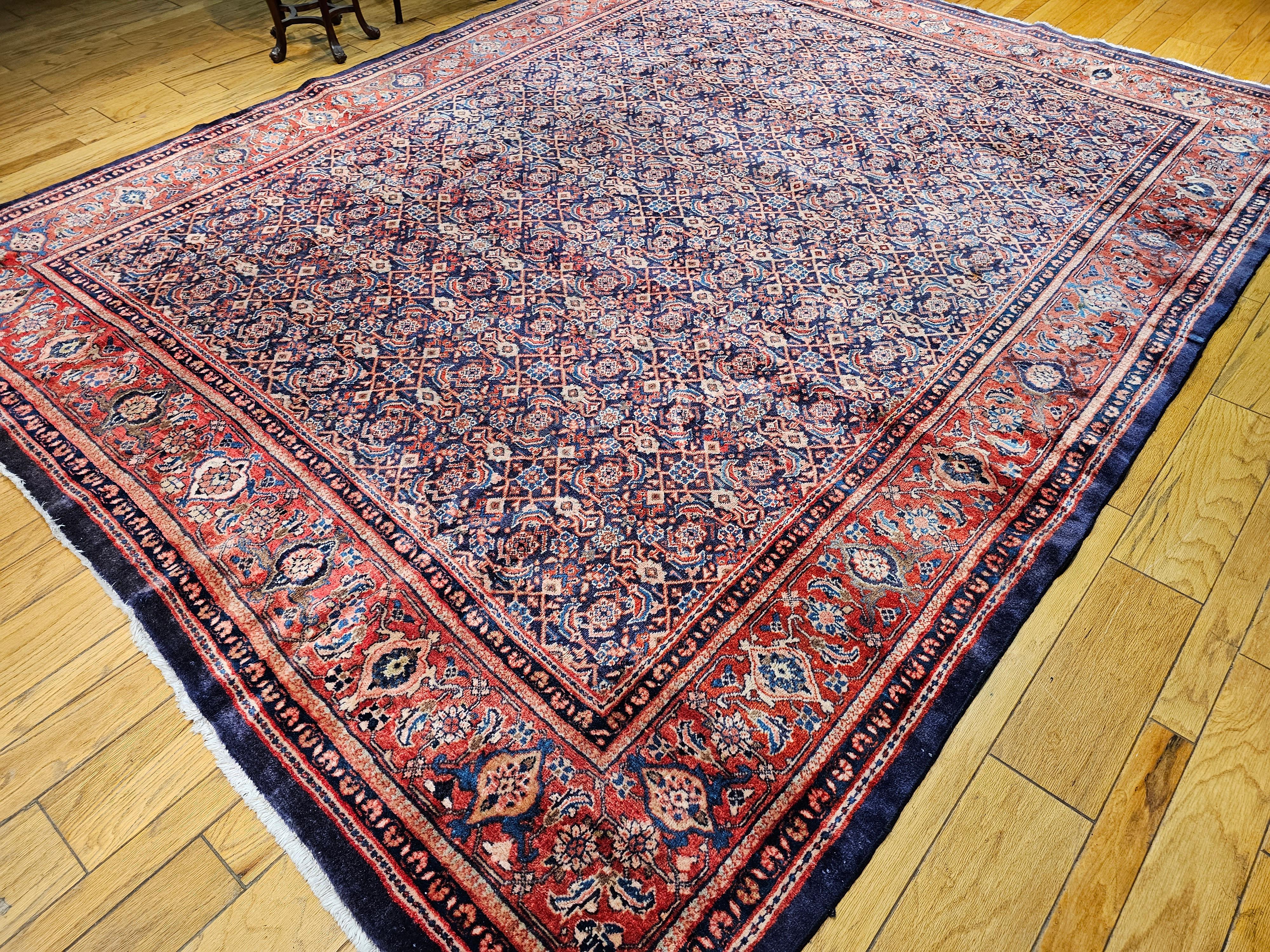 Vintage Persian Mahal Sultanabad Rug in All-over Pattern in Blue, Terracotta For Sale 6