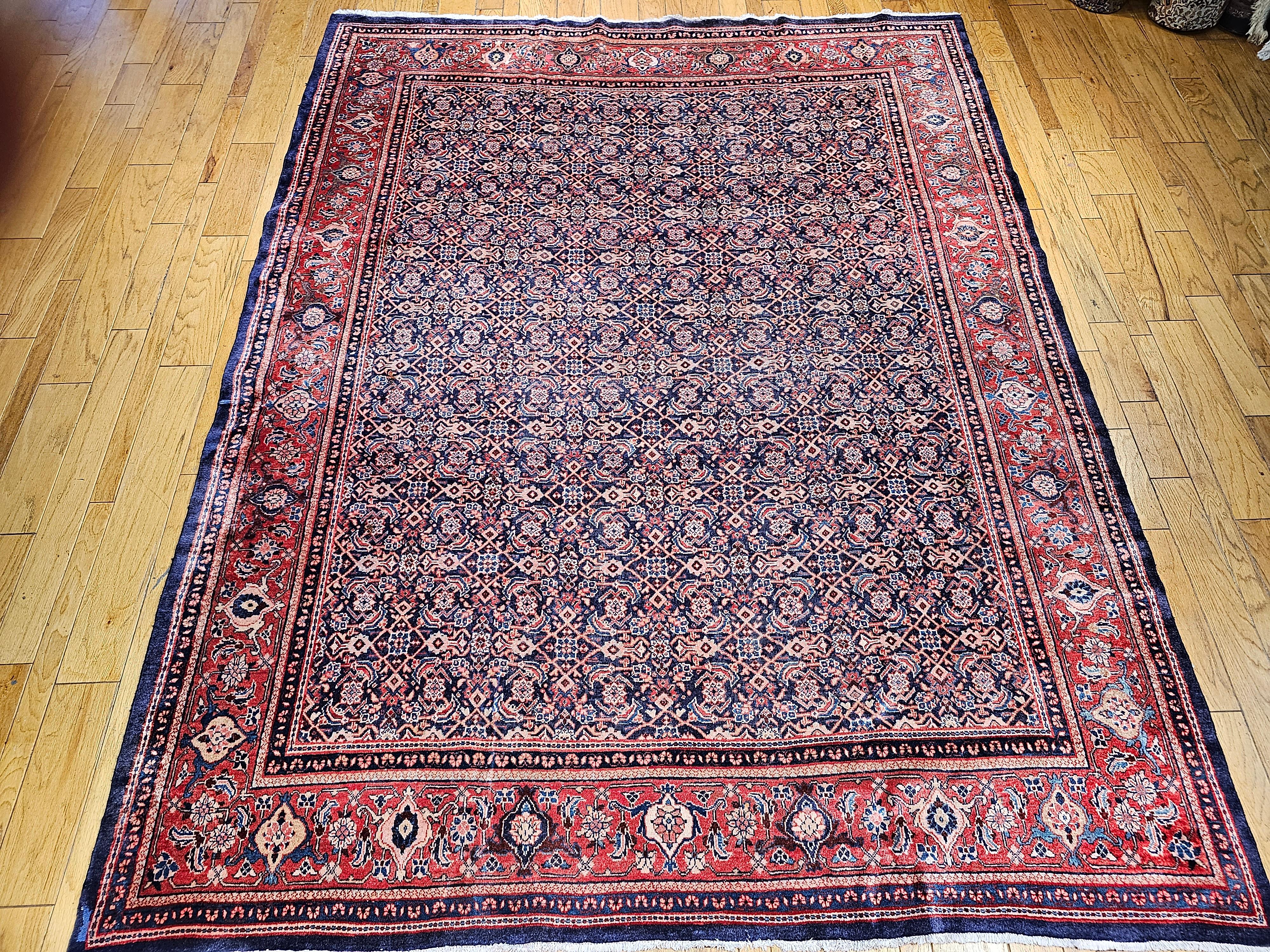 Vintage Persian Mahal Sultanabad Rug in All-over Pattern in Blue, Terracotta For Sale 7