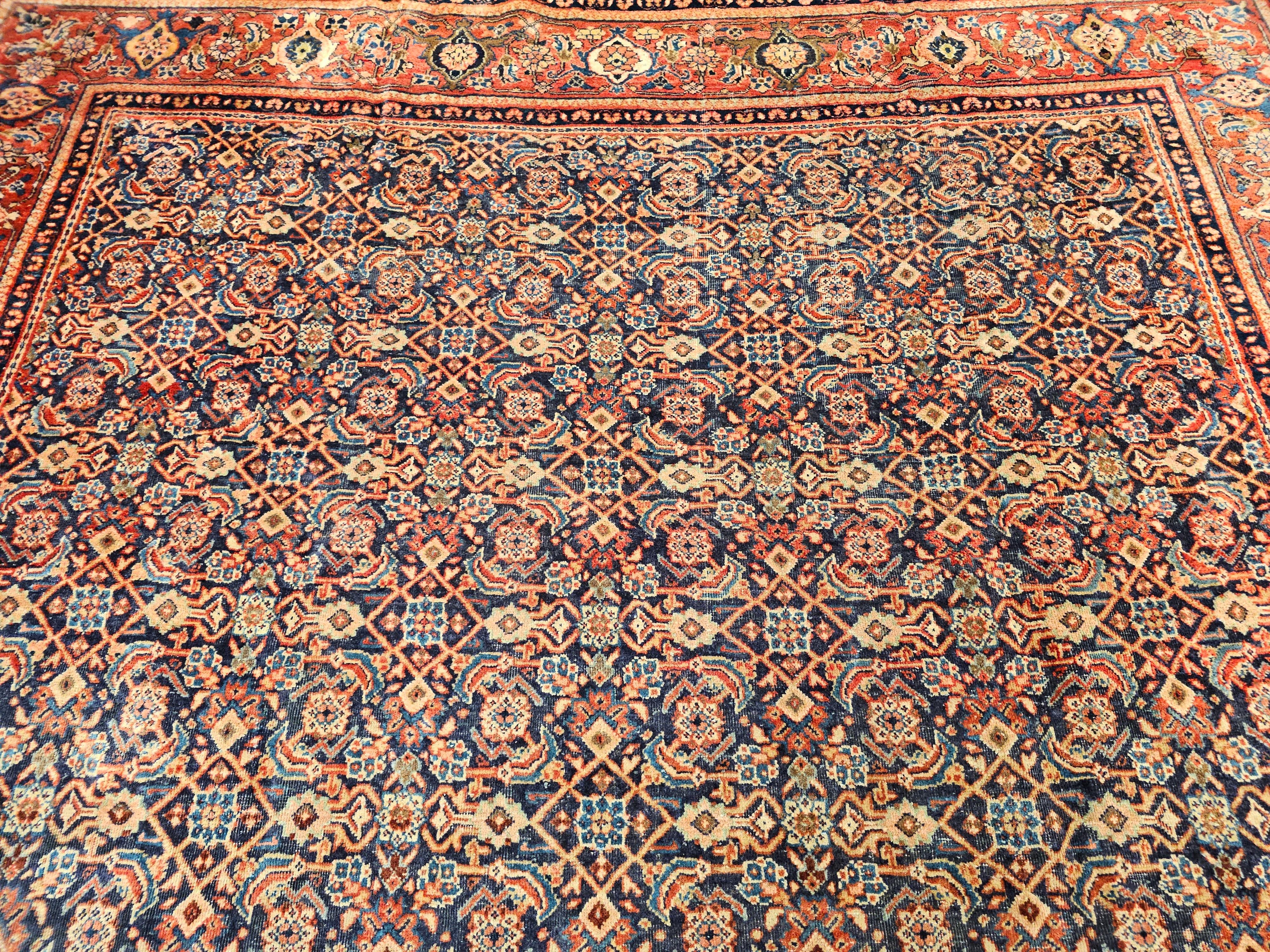 Vintage Persian Mahal Sultanabad Rug in All-over Pattern in Blue, Terracotta In Good Condition For Sale In Barrington, IL