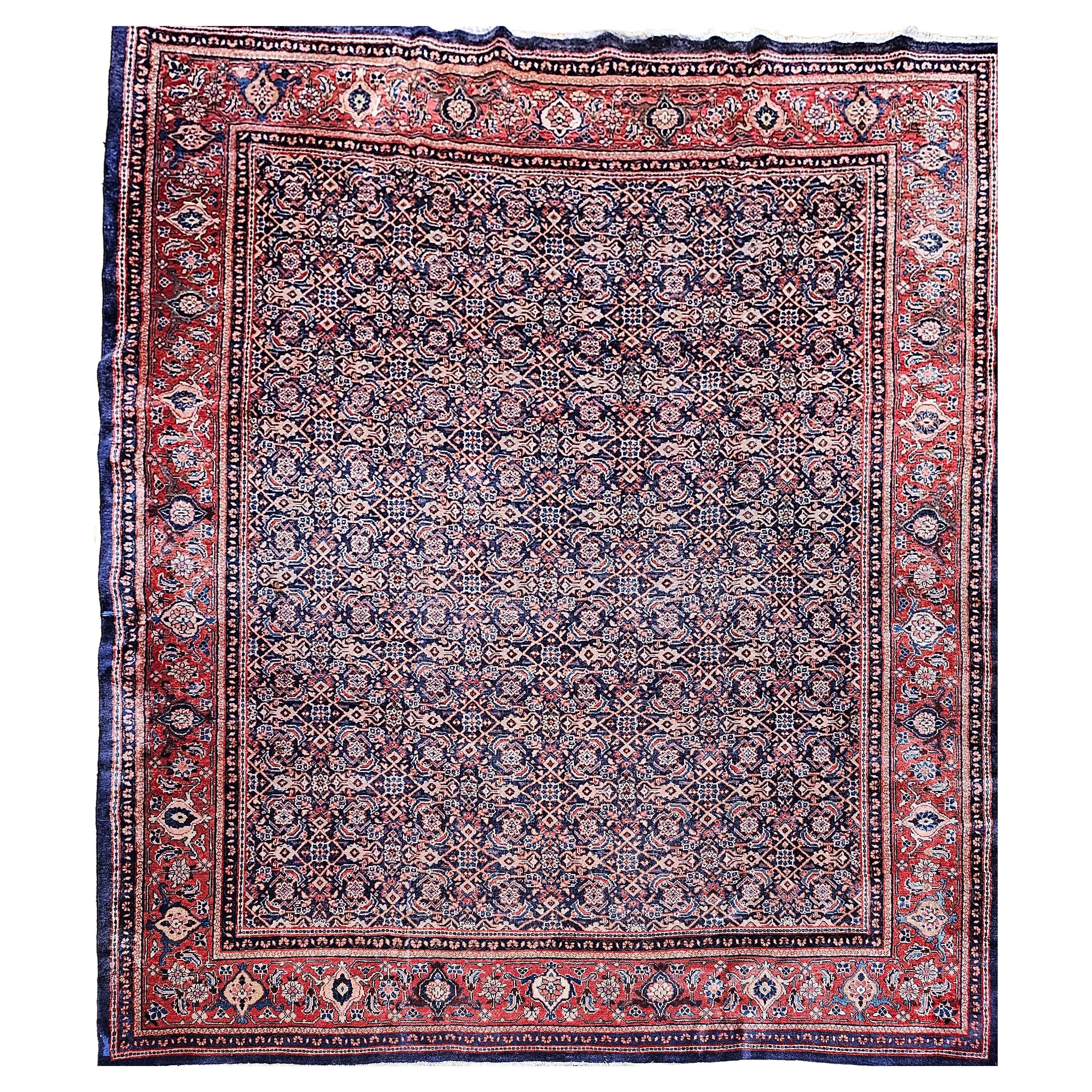 Vintage Persian Mahal Sultanabad Rug in All-over Pattern in Blue, Terracotta