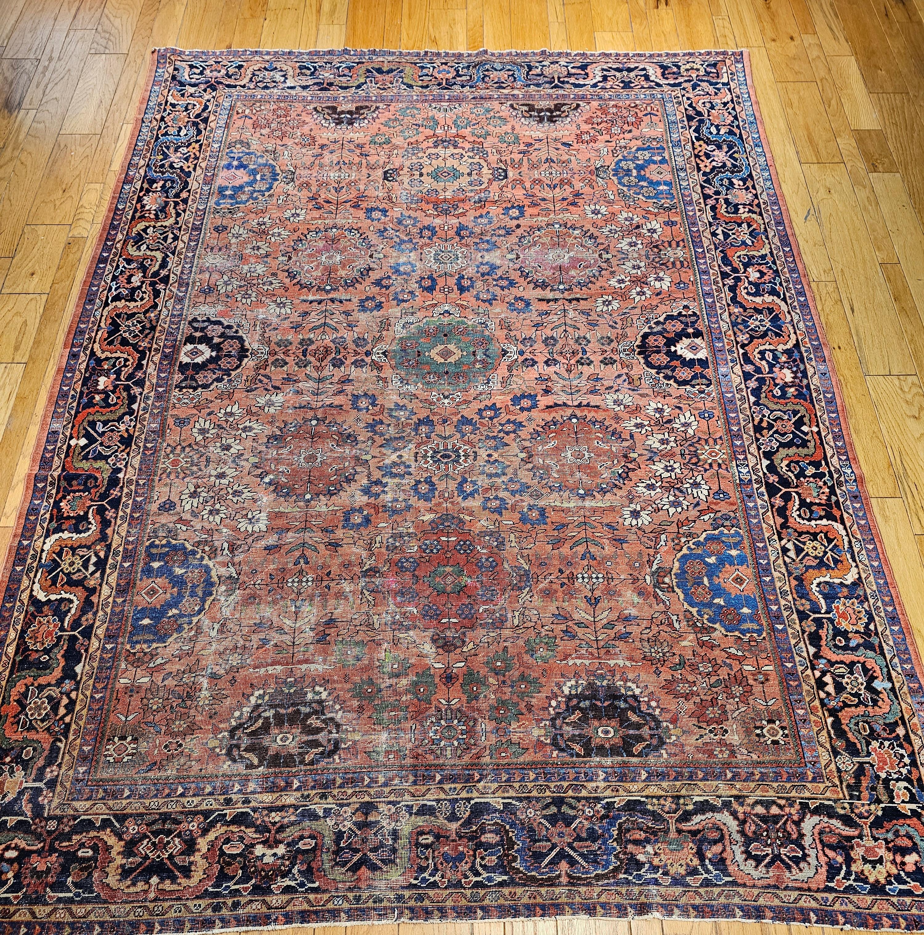 Persischer Mahal Sultanabad Vintage-Teppich in Zimmergröße in Ziegelrot, Marineblau 4