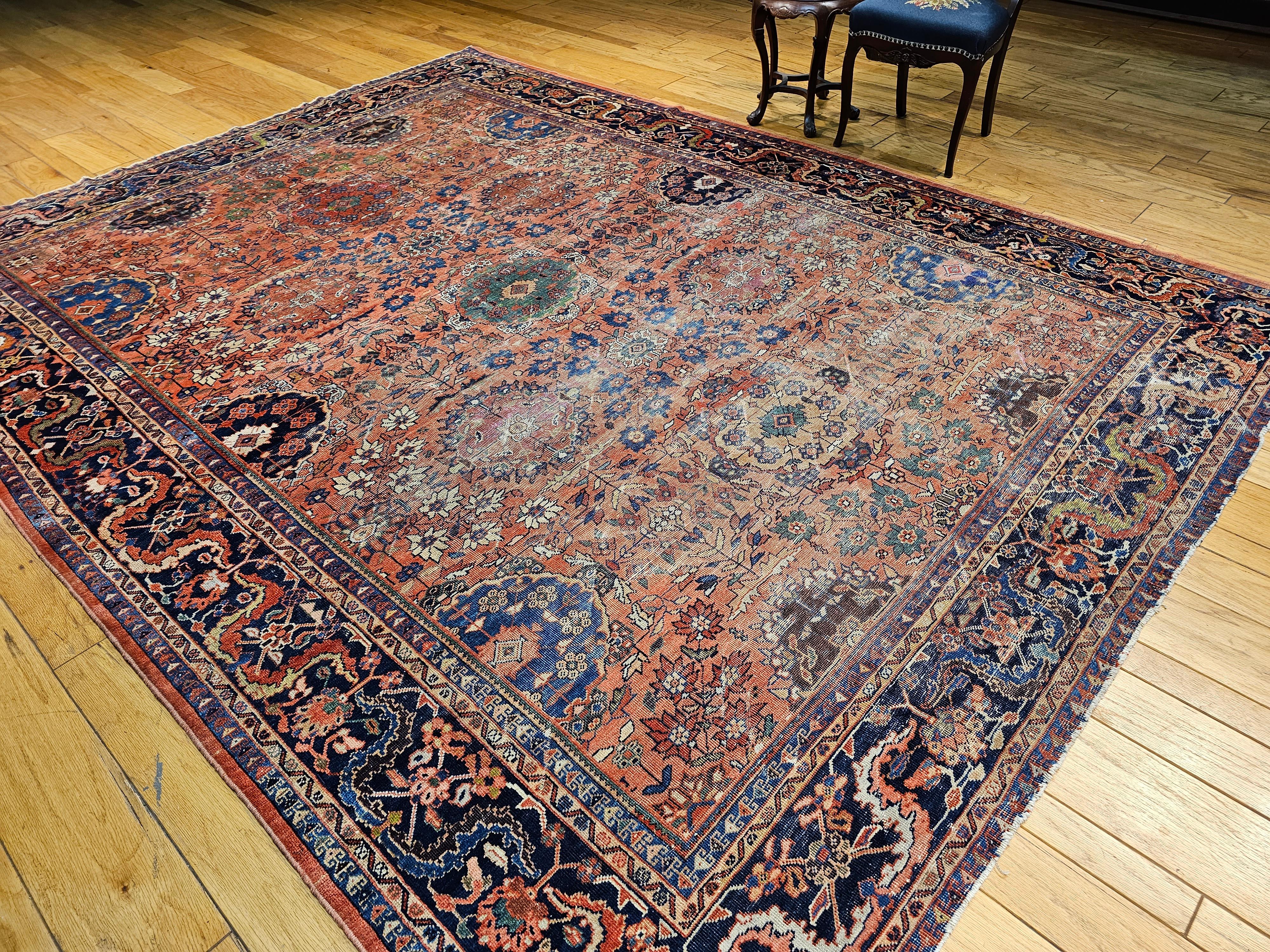Persischer Mahal Sultanabad Vintage-Teppich in Zimmergröße in Ziegelrot, Marineblau 5