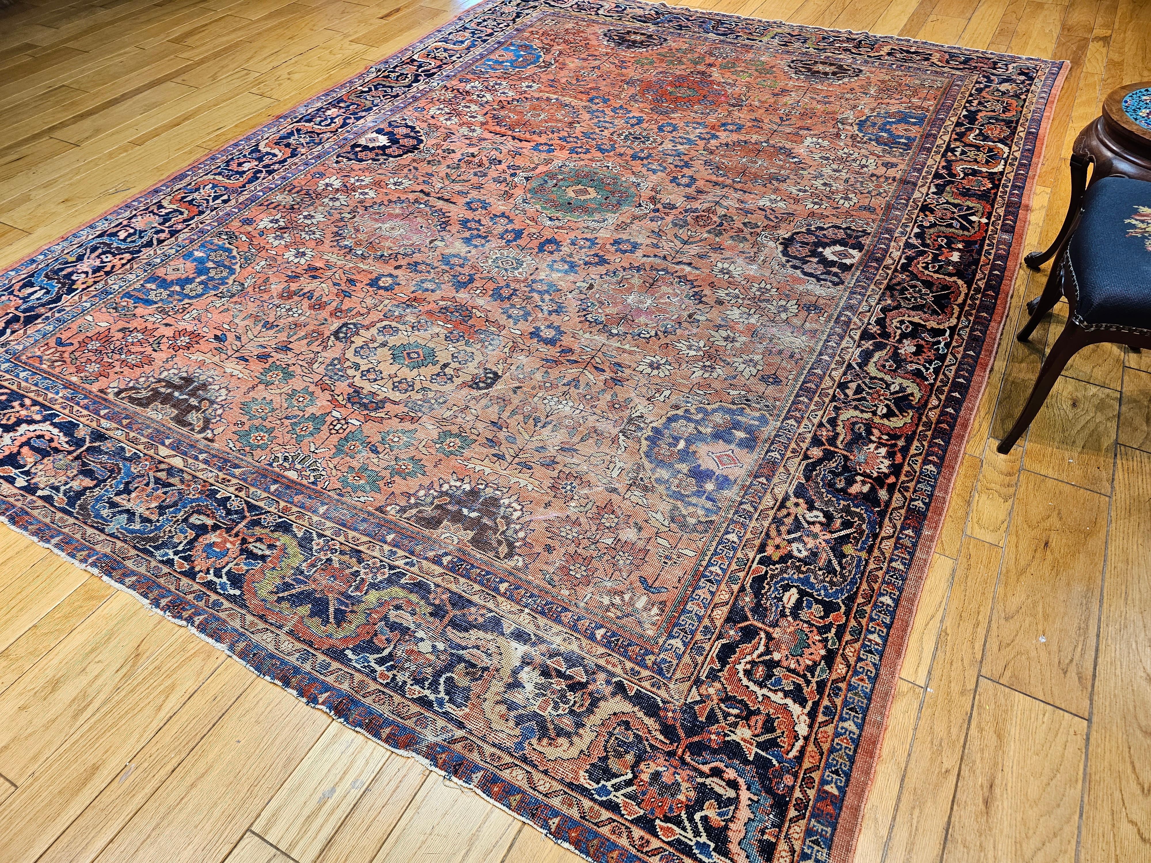 Vintage Persian Mahal Sultanabad Room Size Rug in Brick Red, Navy Blue 6