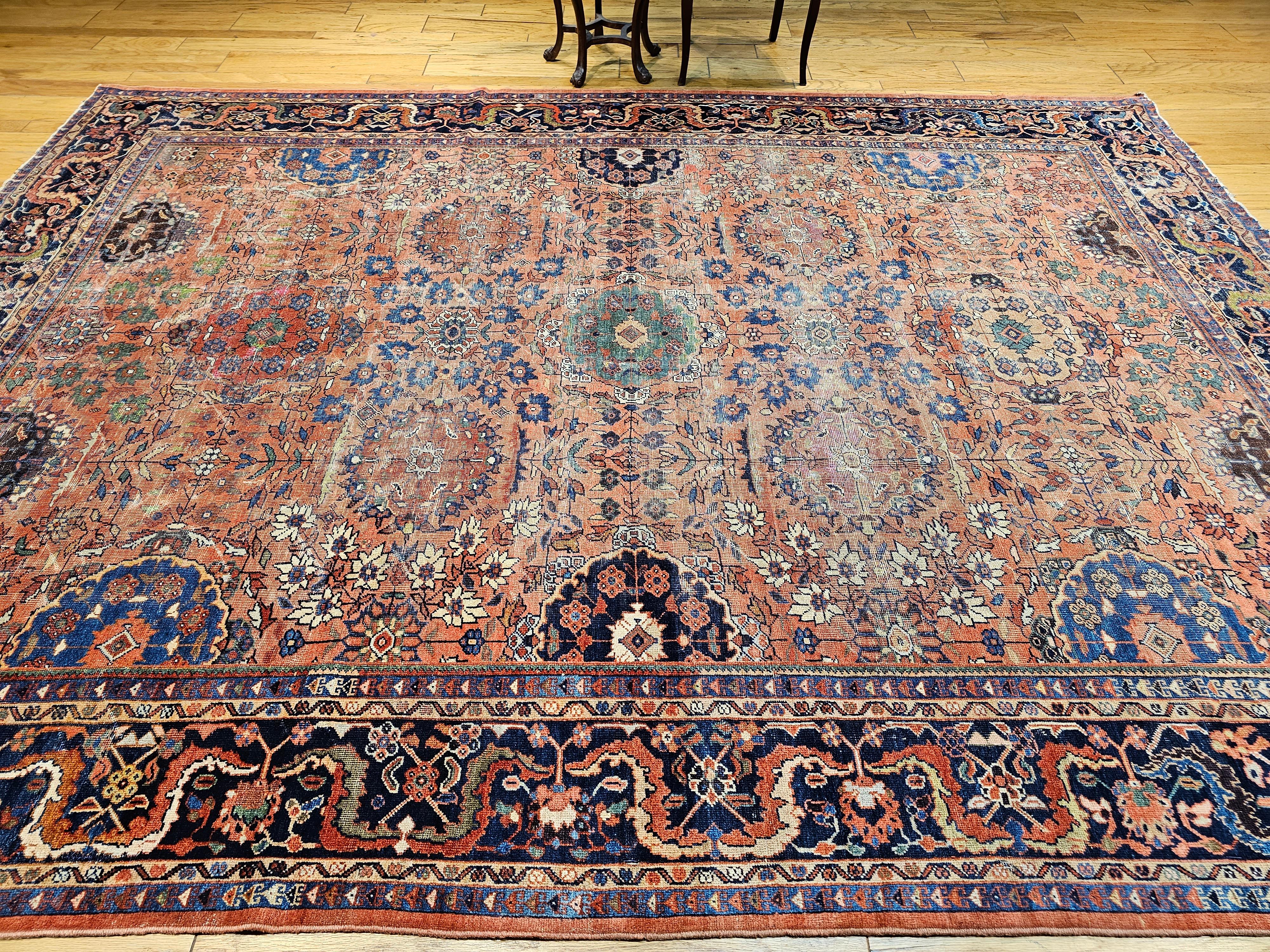 Persischer Mahal Sultanabad Vintage-Teppich in Zimmergröße in Ziegelrot, Marineblau 7