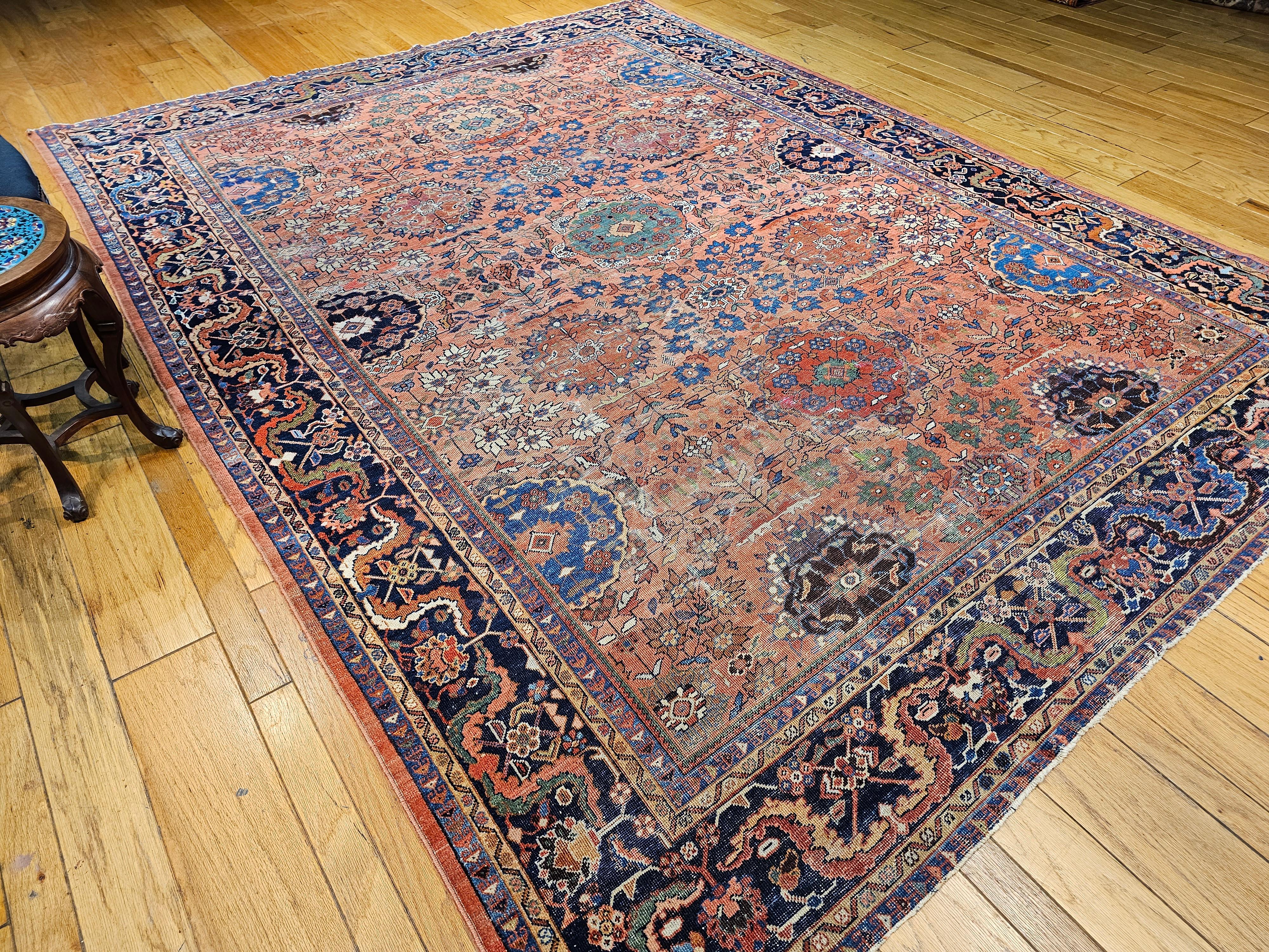 Persischer Mahal Sultanabad Vintage-Teppich in Zimmergröße in Ziegelrot, Marineblau 8