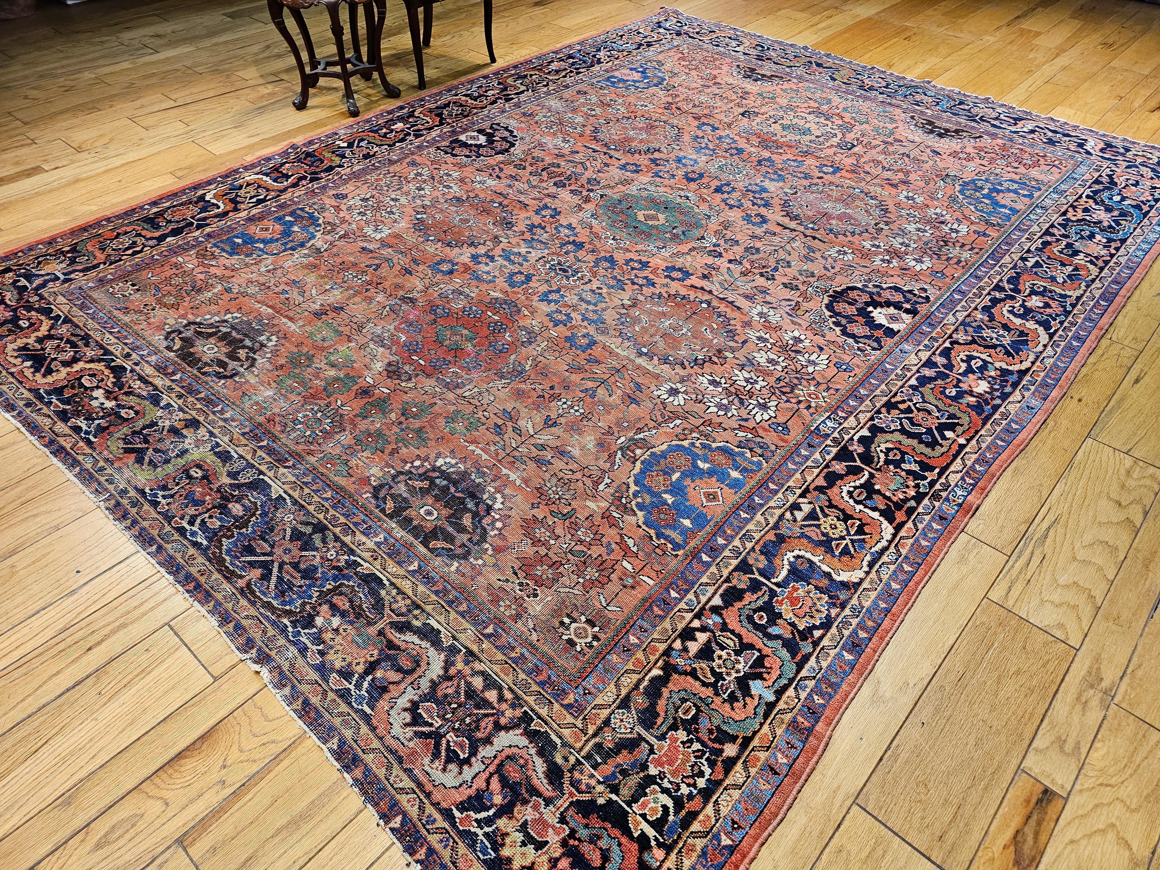 Persischer Mahal Sultanabad Vintage-Teppich in Zimmergröße in Ziegelrot, Marineblau 9