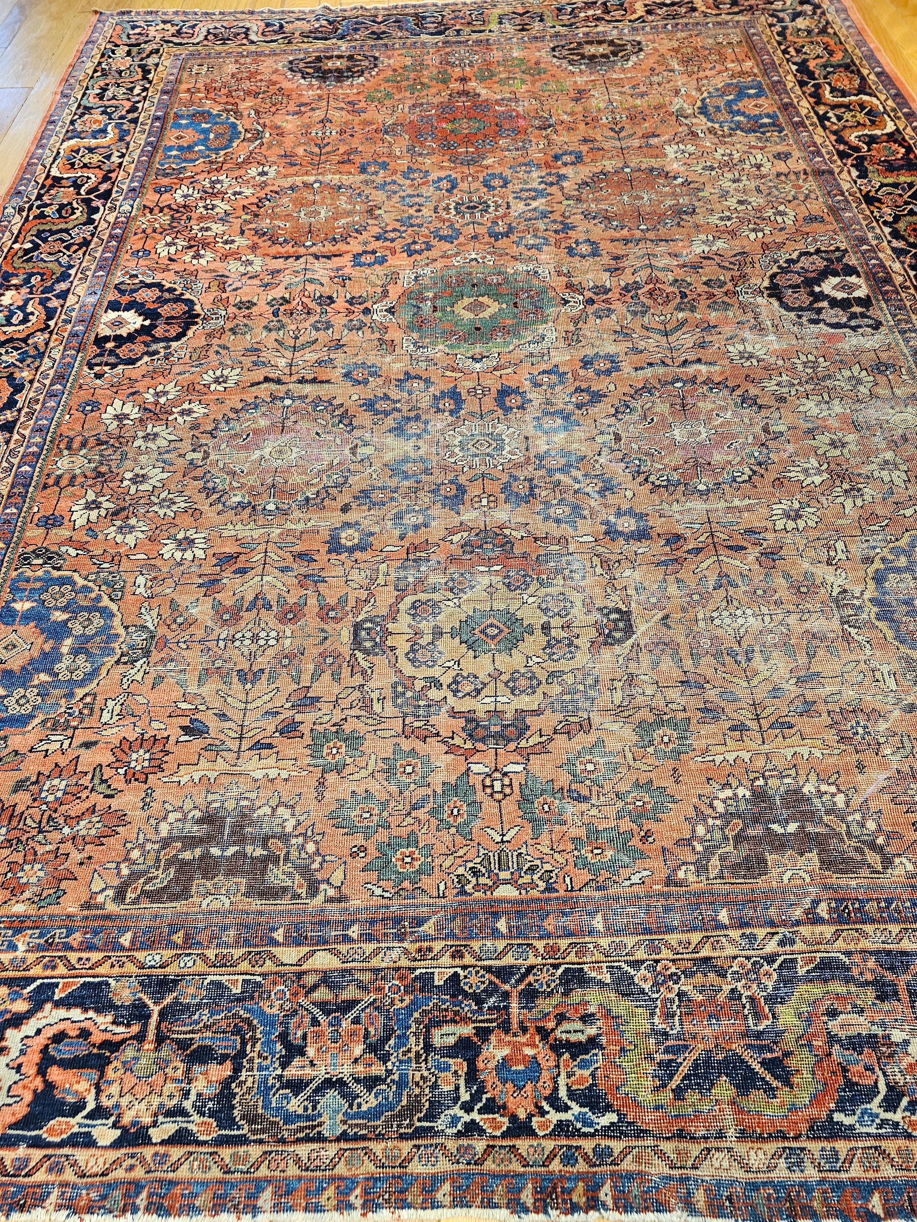 Persischer Mahal Sultanabad Vintage-Teppich in Zimmergröße in Ziegelrot, Marineblau 10
