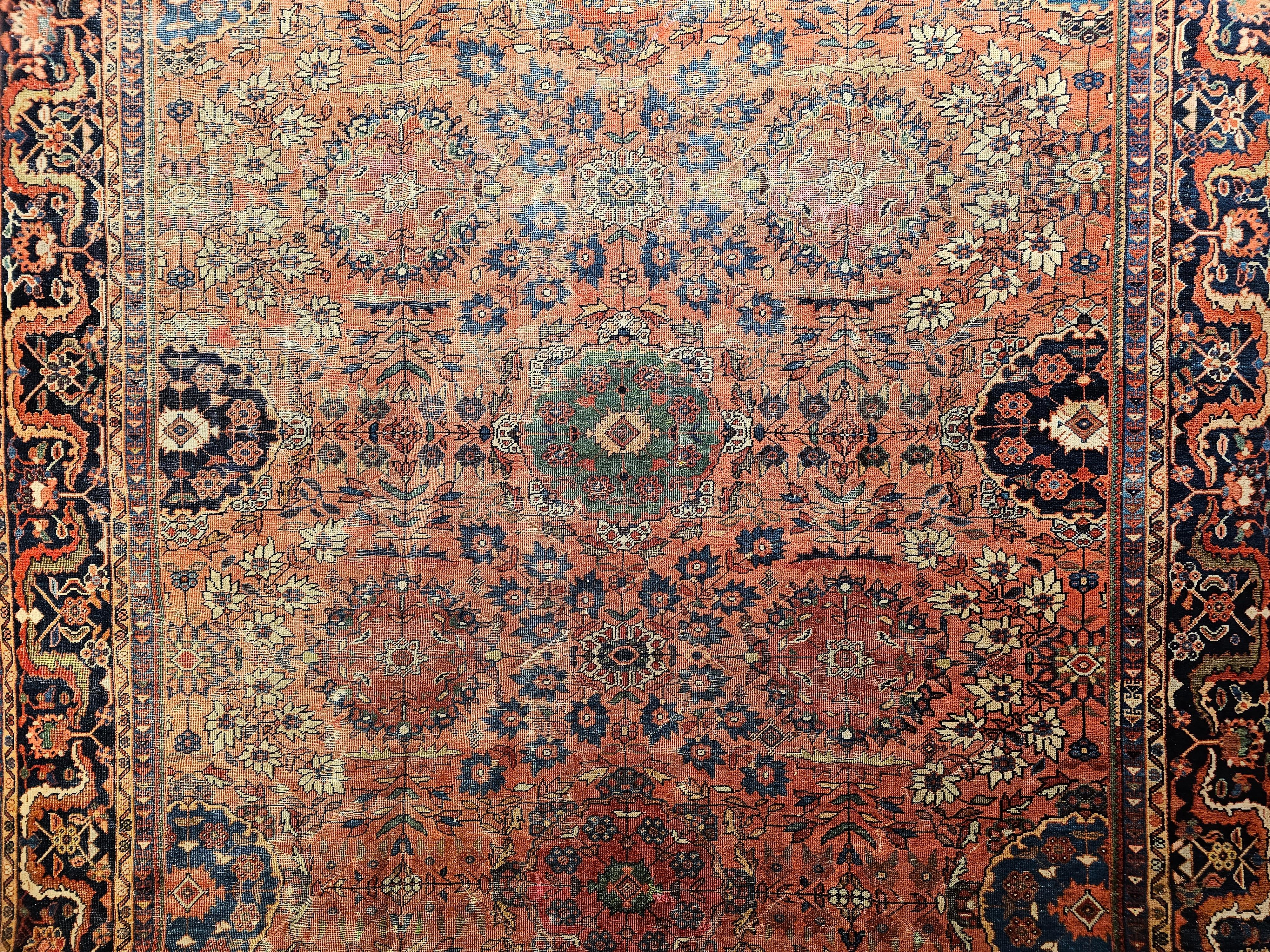 Hand-Woven Vintage Persian Mahal Sultanabad Room Size Rug in Brick Red, Navy Blue