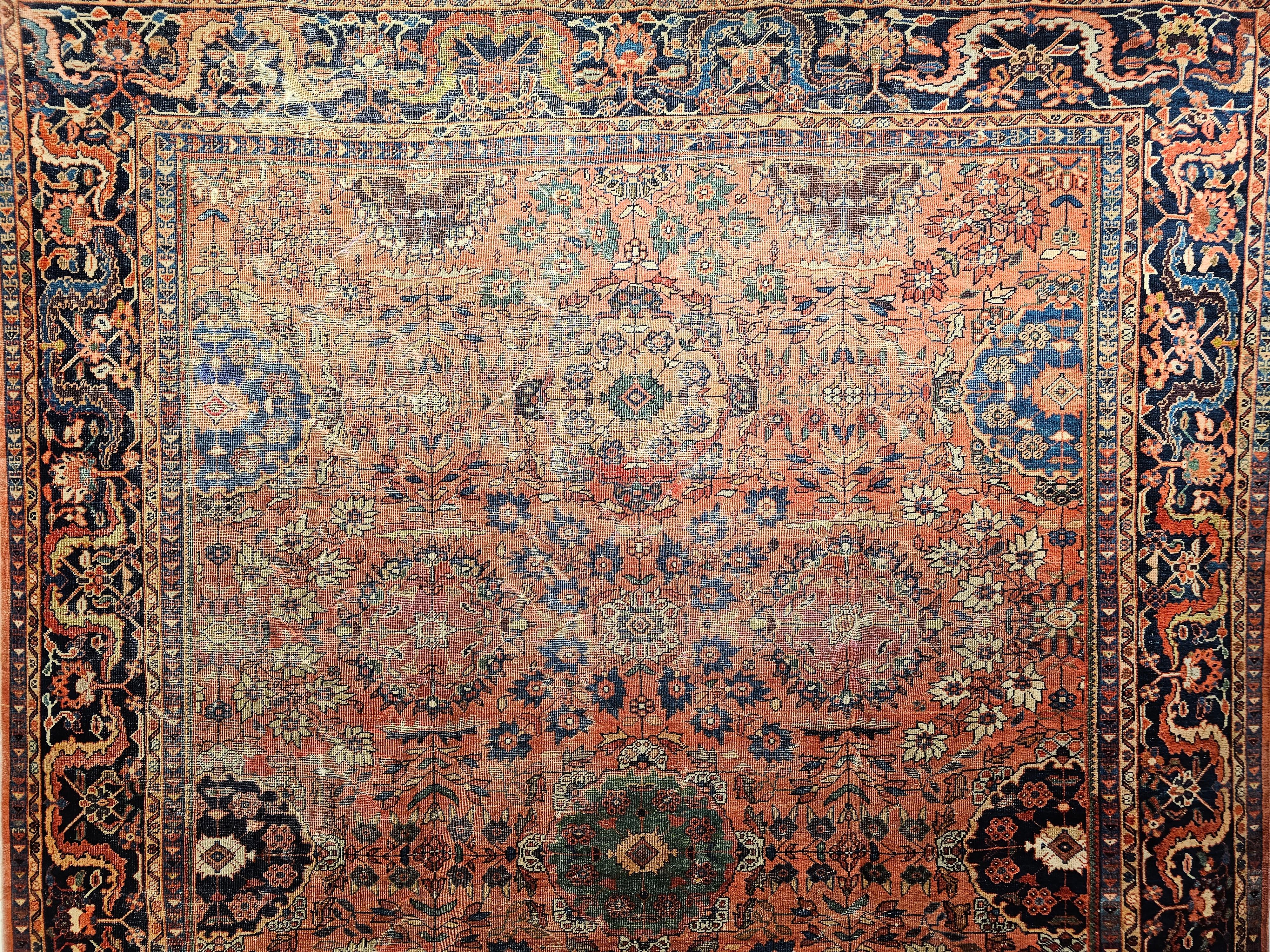 Vintage Persian Mahal Sultanabad Room Size Rug in Brick Red, Navy Blue In Good Condition In Barrington, IL