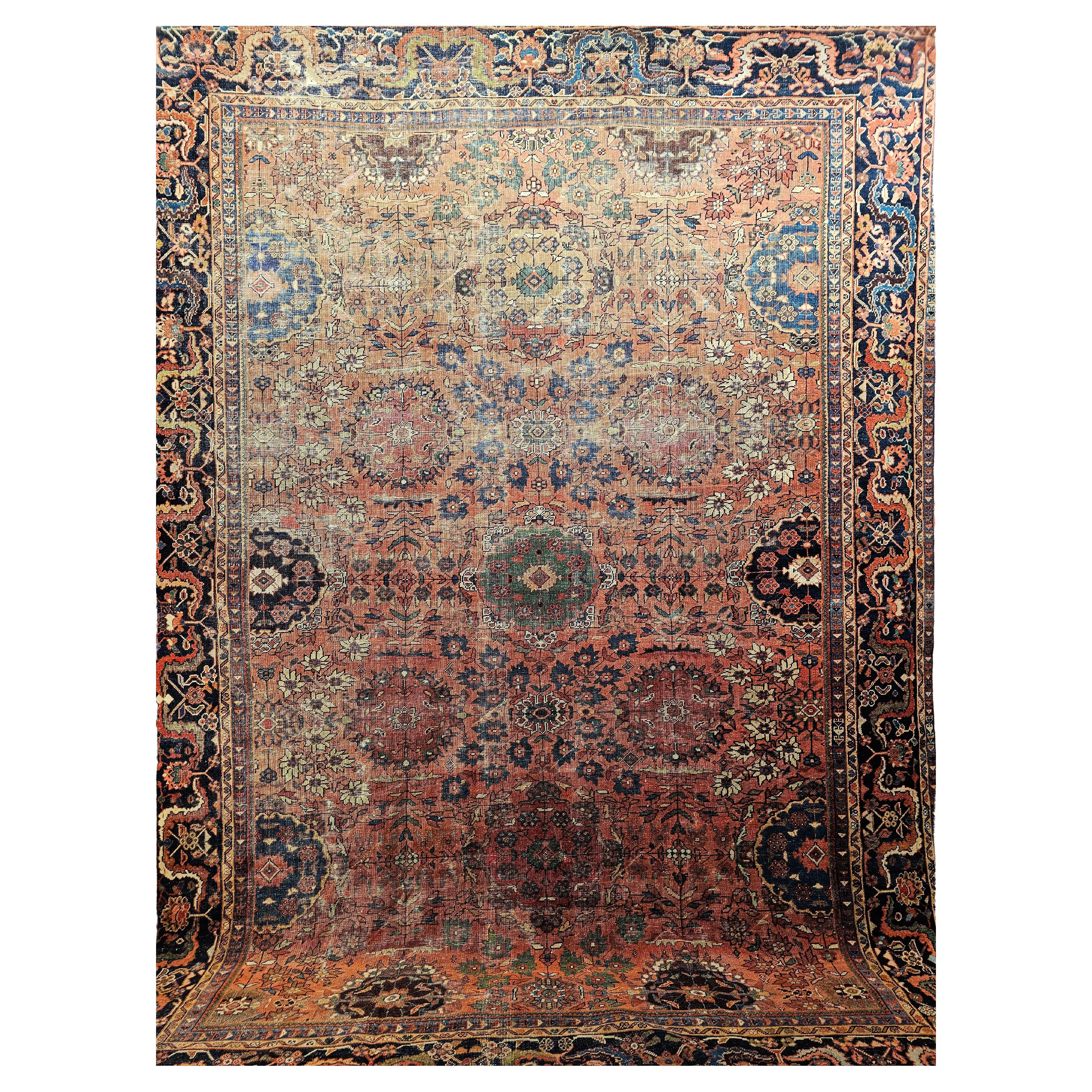 Vintage Persian Mahal Sultanabad Room Size Rug in Brick Red, Navy Blue