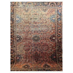 Antique Persian Mahal Sultanabad Room Size Rug in Brick Red, Navy Blue