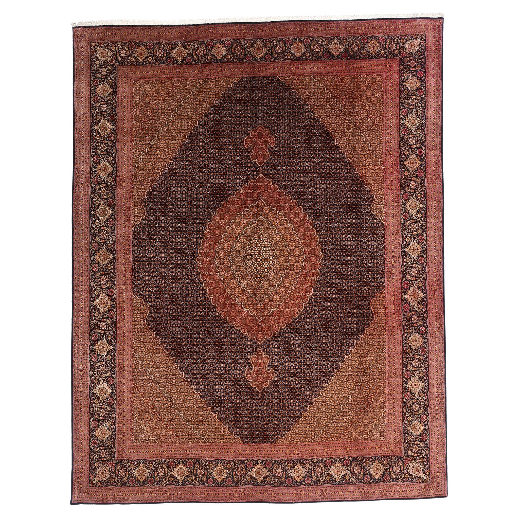 Vintage Wool & Silk Persian Mahi Tabriz Rug with Traditional Style