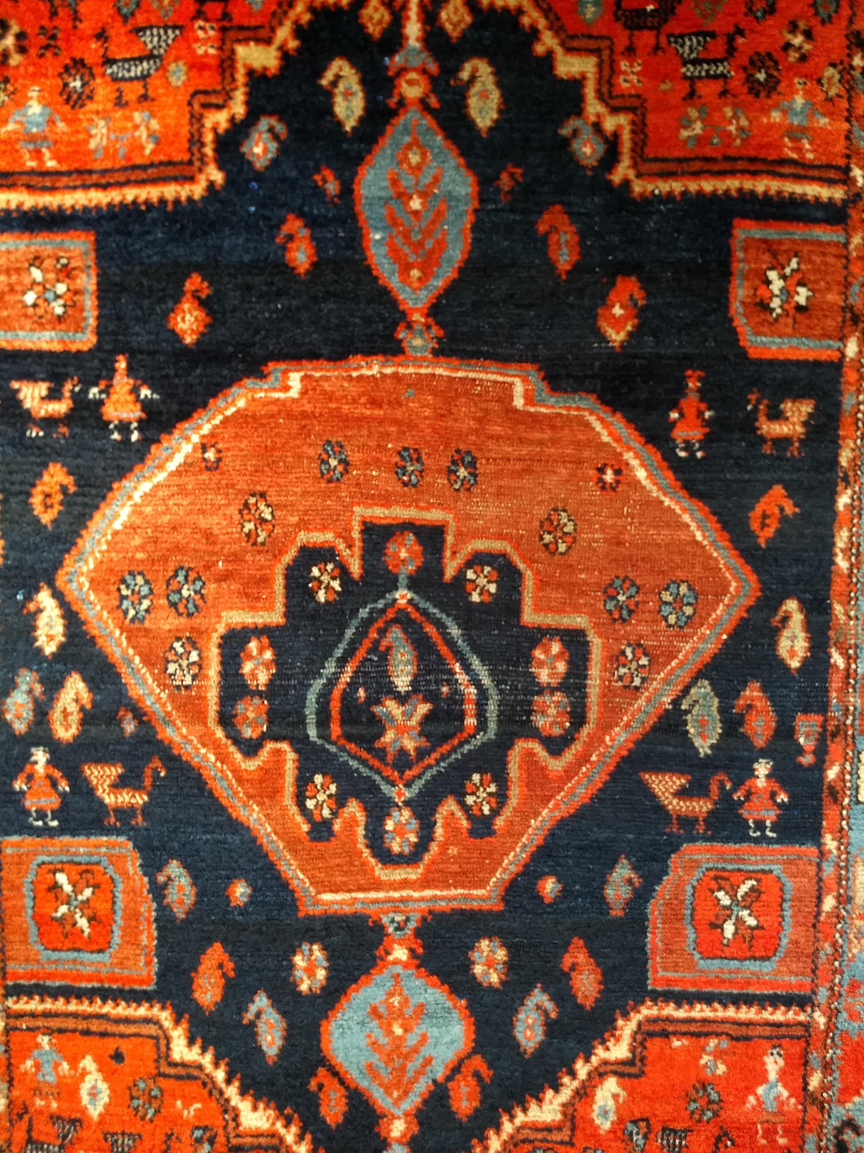 Hand-Knotted Vintage Persian Malayer Area Rug in Medallion Design in Navy Blue, Turquoise For Sale