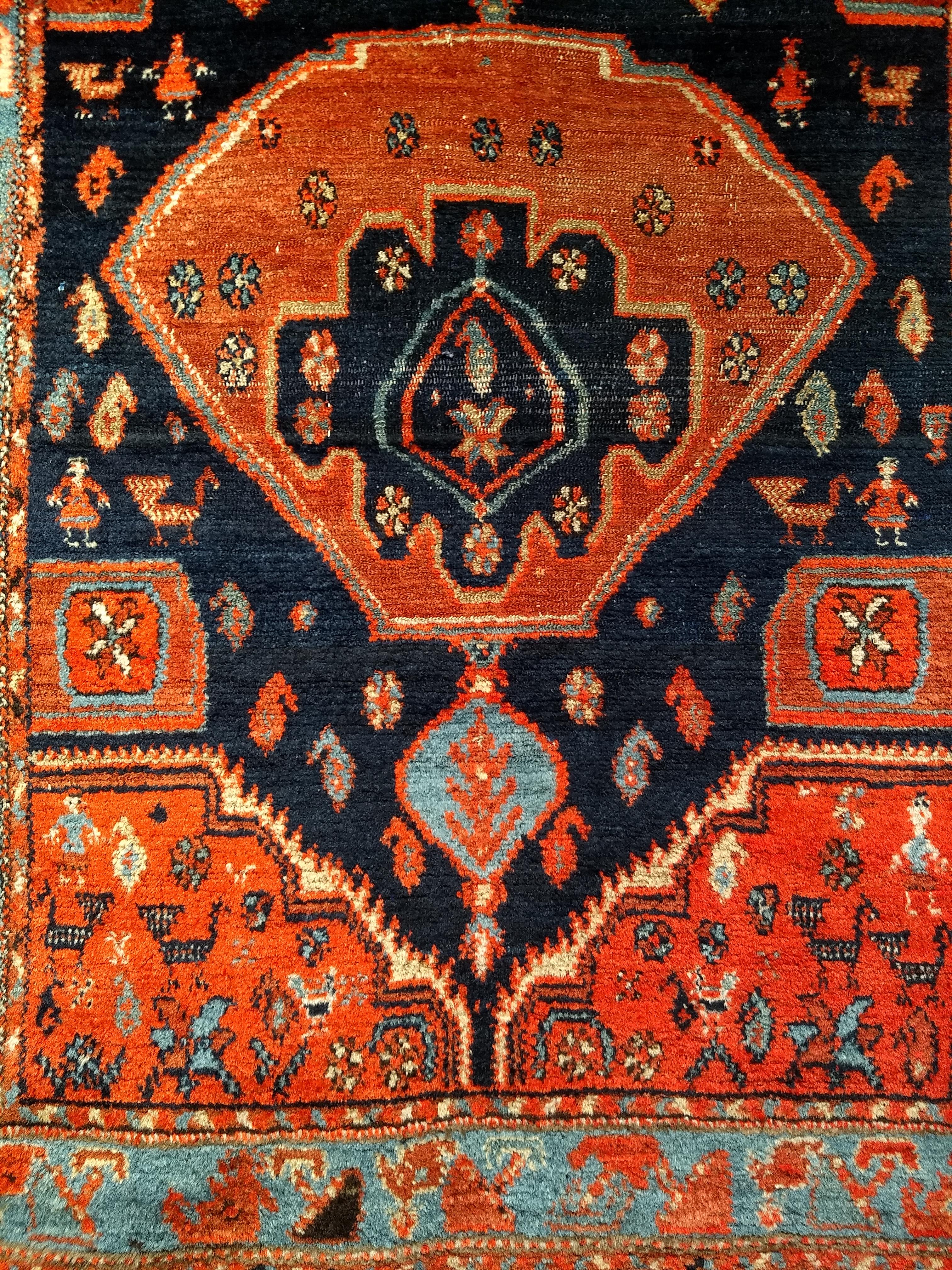 20th Century Vintage Persian Malayer Area Rug in Medallion Design in Navy Blue, Turquoise For Sale