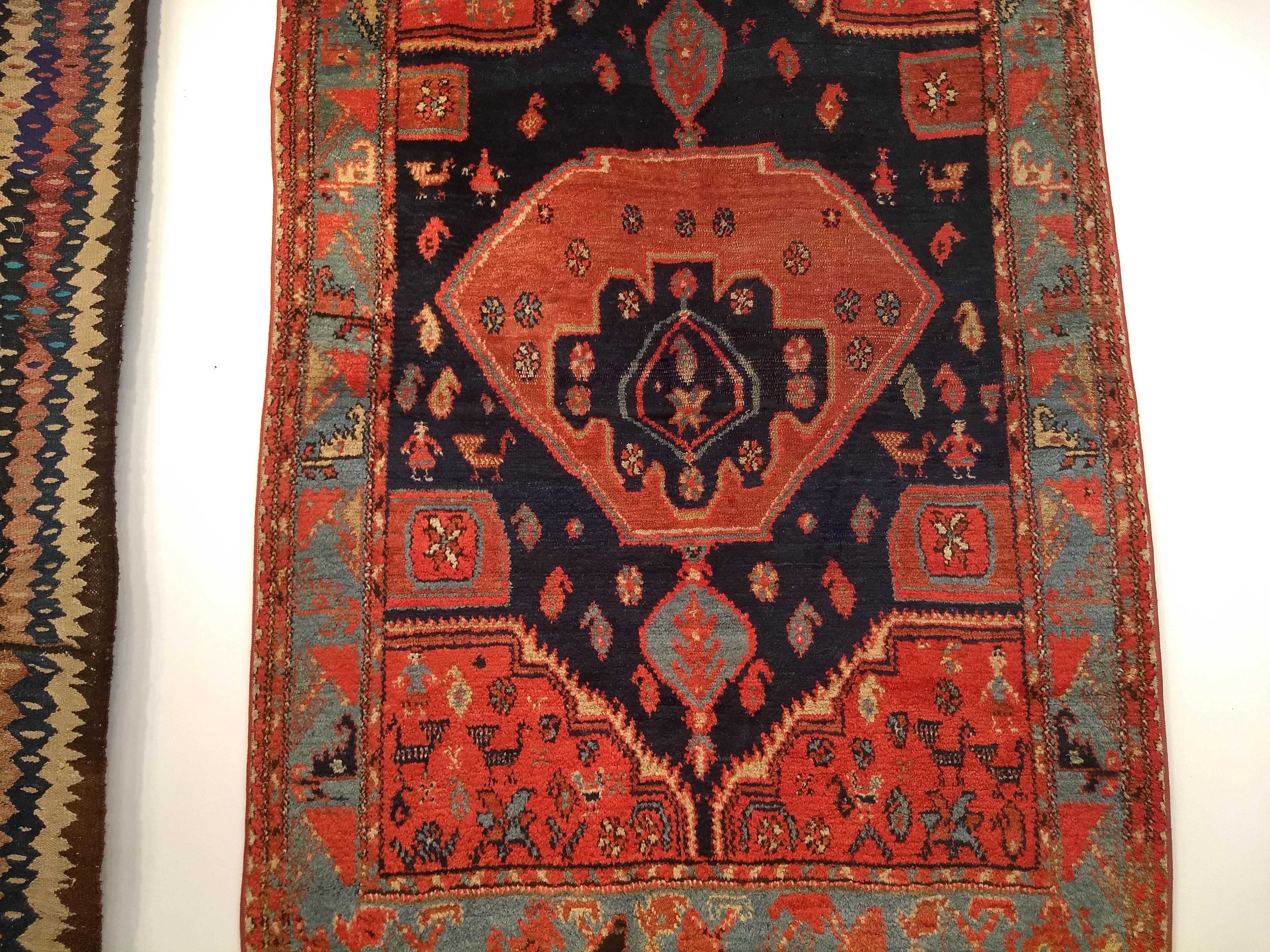 Wool Vintage Persian Malayer Area Rug in Medallion Design in Navy Blue, Turquoise For Sale