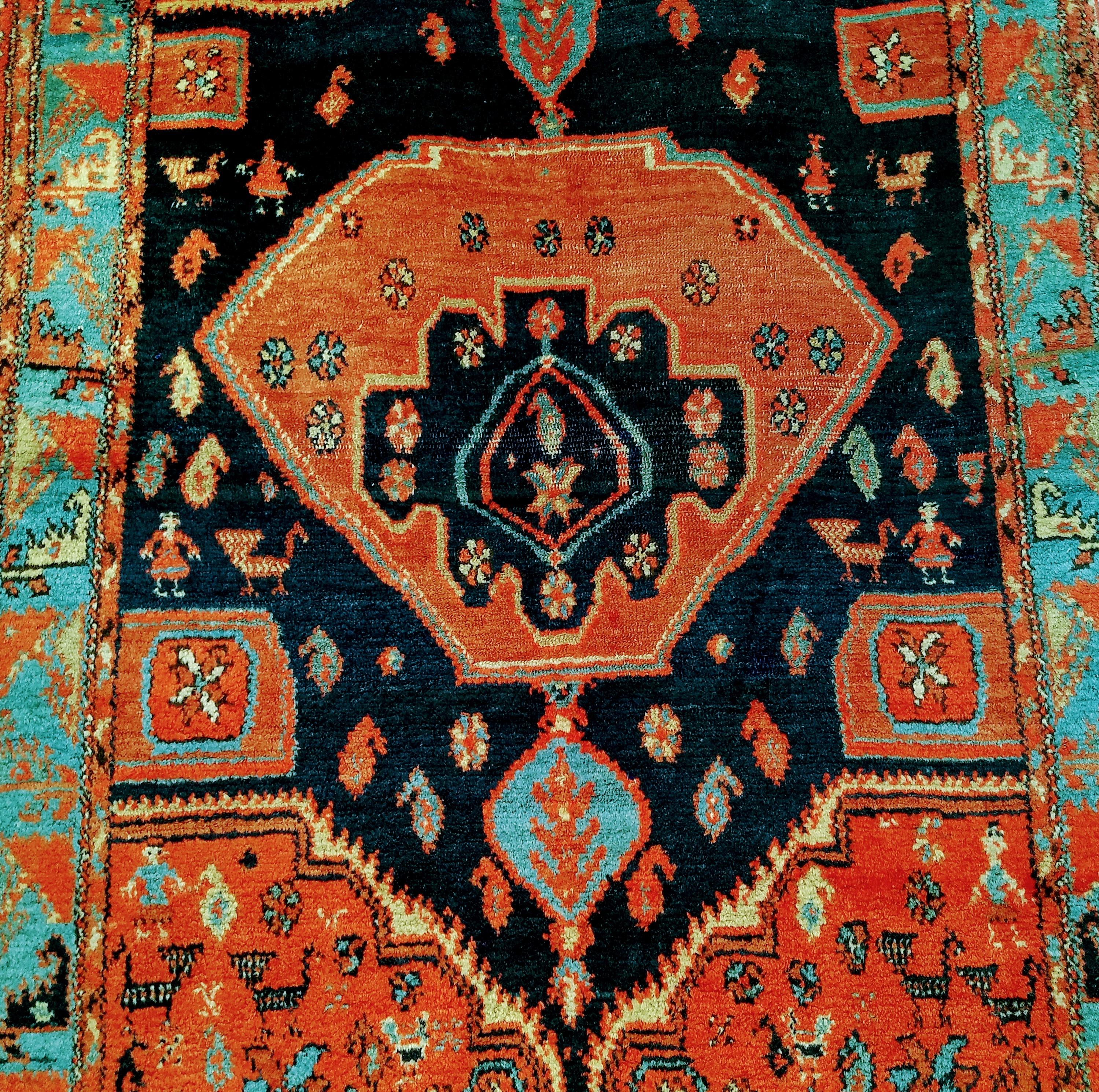 Vintage Persian Malayer Area Rug in Medallion Design in Navy Blue, Turquoise For Sale 1