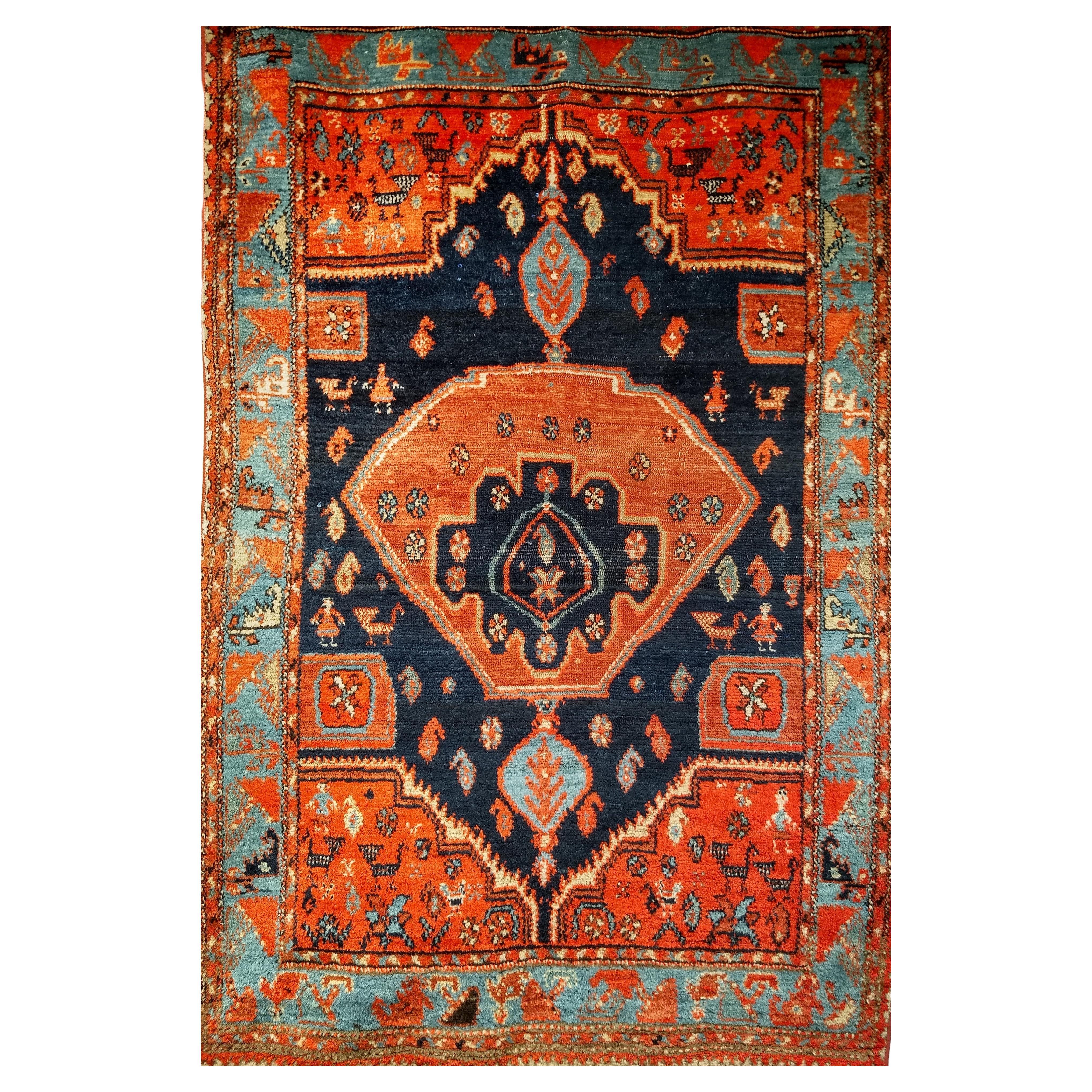 Vintage Persian Malayer Area Rug in Medallion Design in Navy Blue, Turquoise