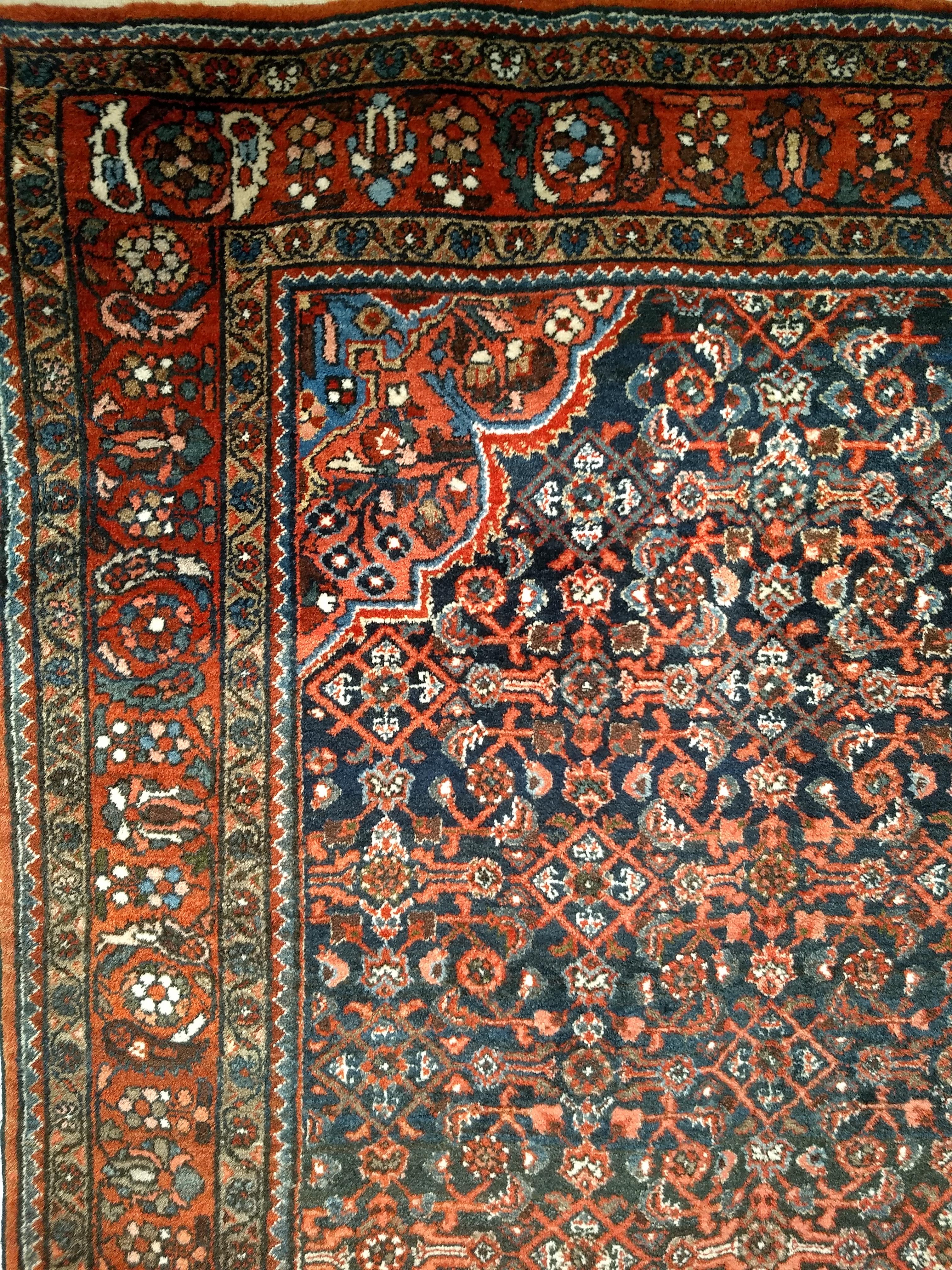 Vintage Persian Malayer in Allover Pattern in Navy Blue, Brick Red, Blue, Pink In Good Condition For Sale In Barrington, IL