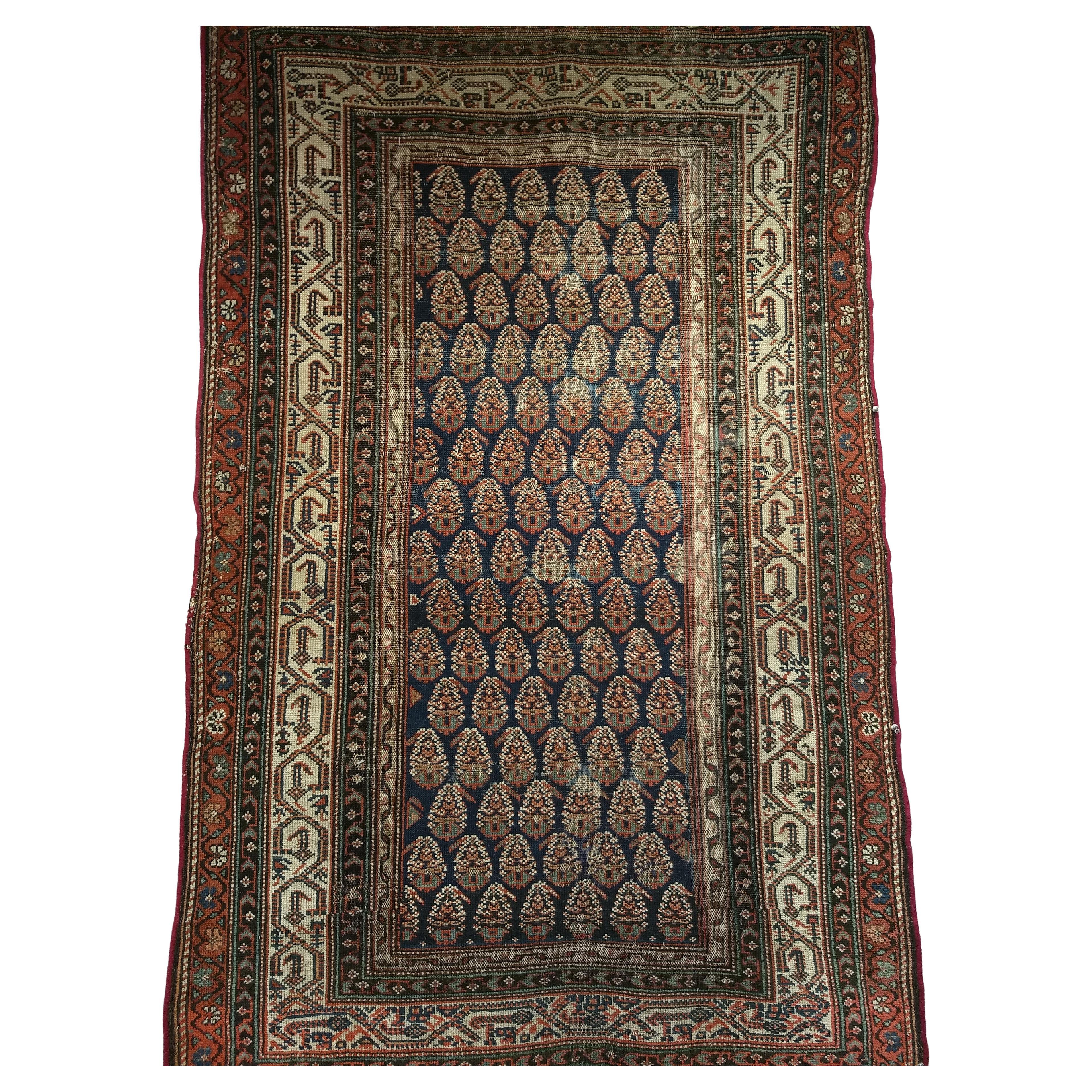 Tappeto persiano d'epoca Malayer con motivo Paisley in blu, avorio e blu.