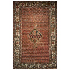 Tappeto persiano d
epoca Malayer con motivo a trifoglio in terracotta, avorio e marina