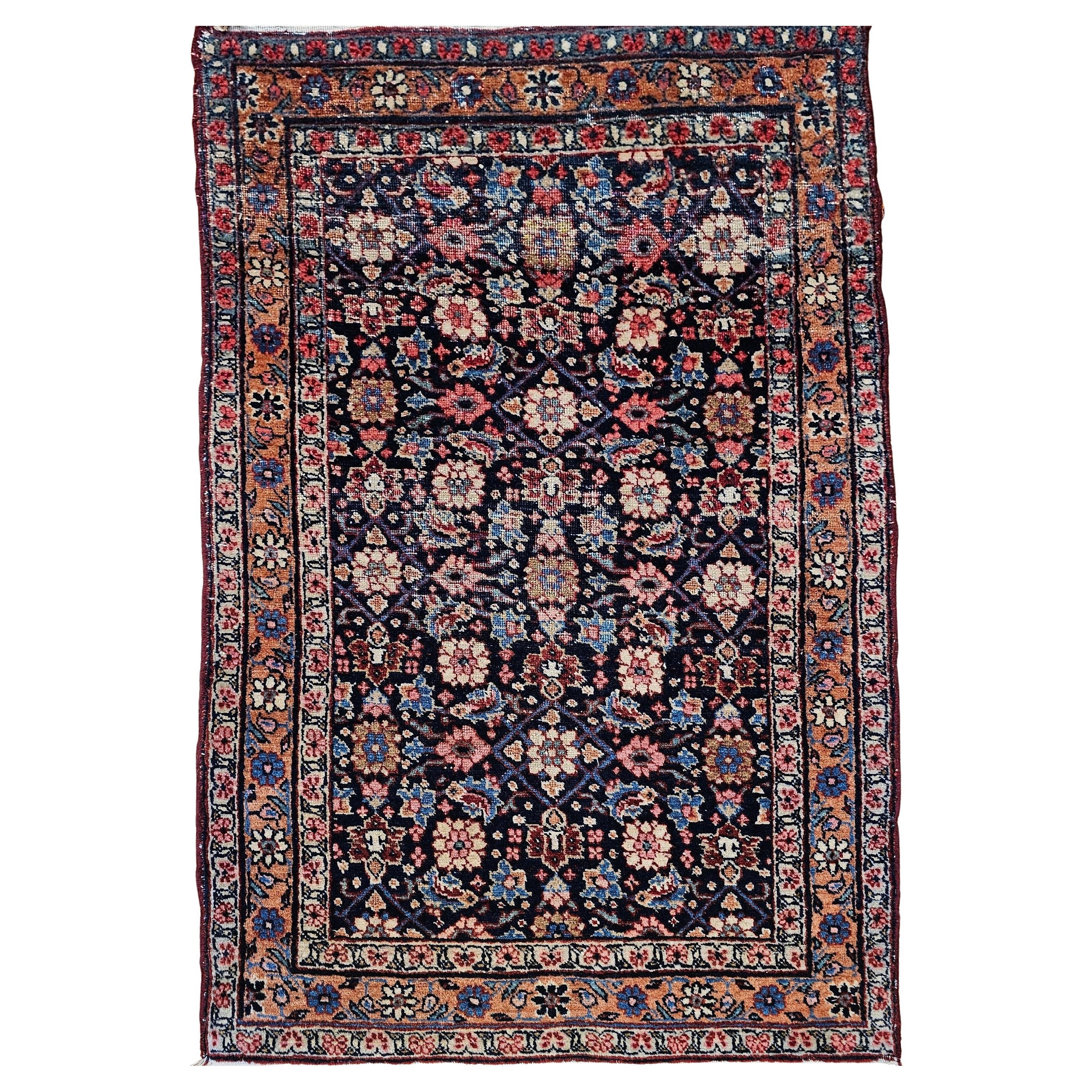 Vintage Persian Malayer Area Rug in an Allover Pattern in Navy, Red, Pink, Blue