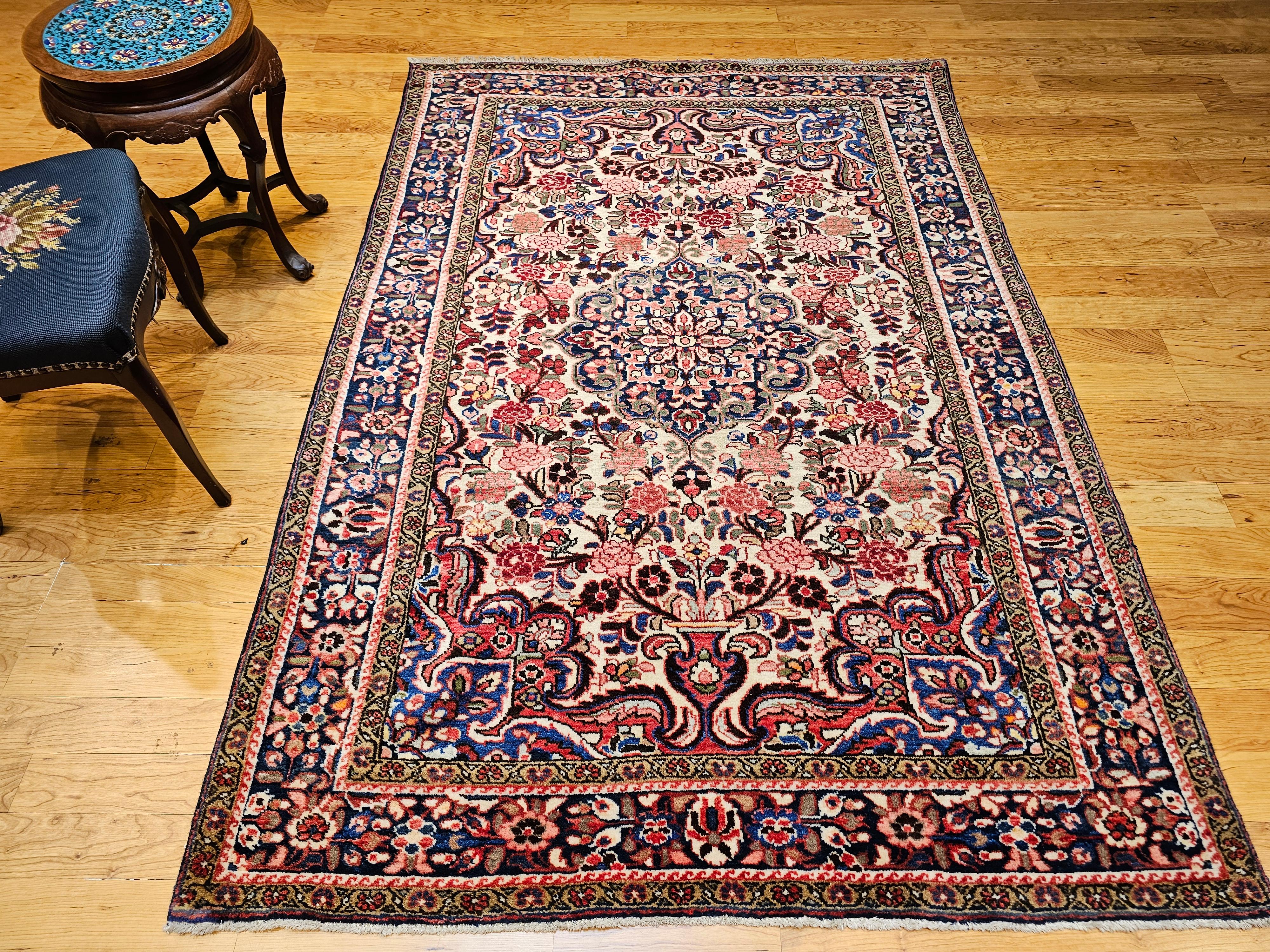 Handgeknüpfter persischer Vintage-Teppich mit Blumenmuster in Rot, Rosa, Blau und Blau im Angebot 7