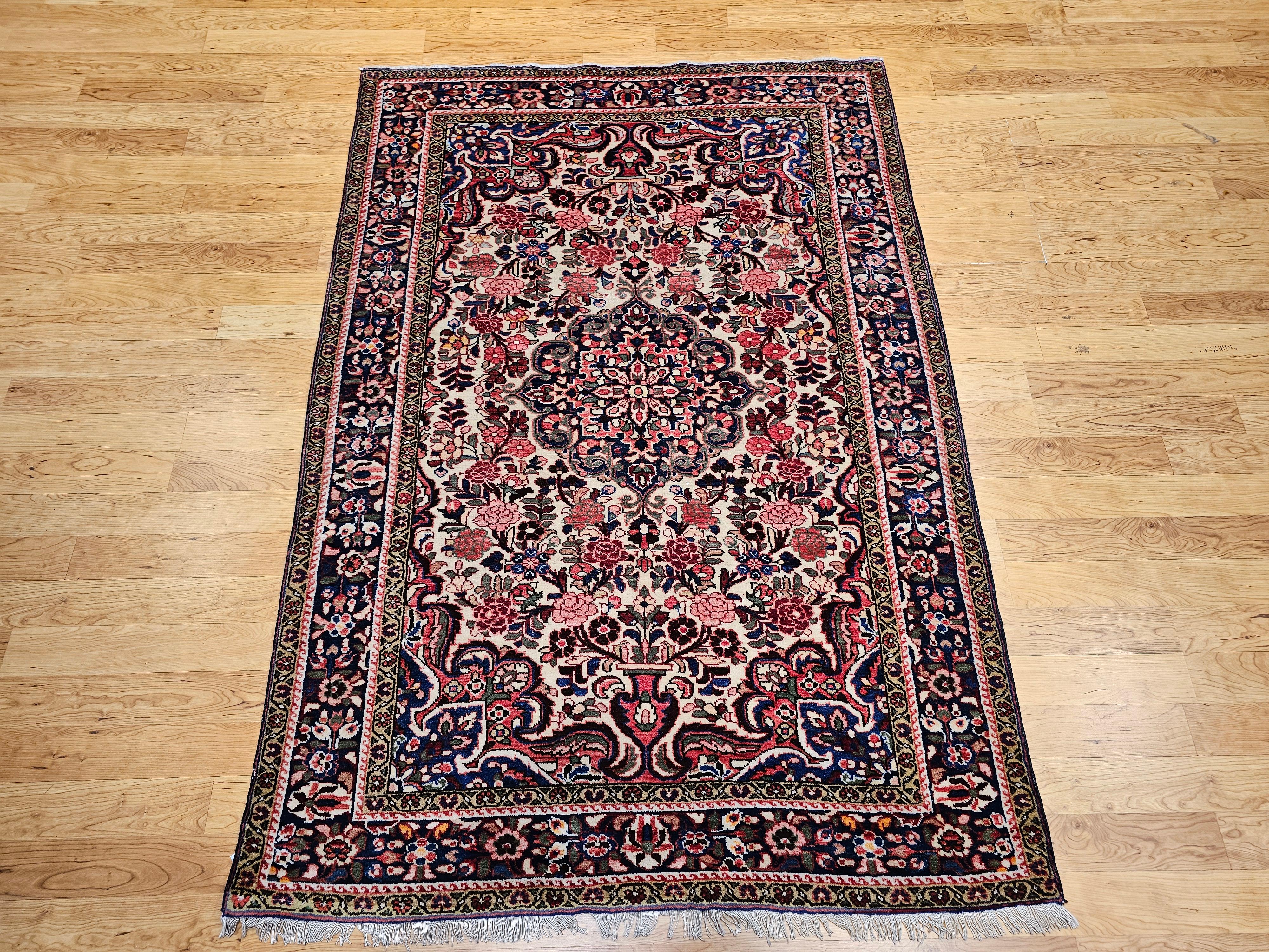 Handgeknüpfter persischer Vintage-Teppich mit Blumenmuster in Rot, Rosa, Blau und Blau im Angebot 10