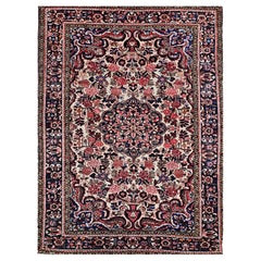 Vintage Hand Knotted Persian Area Rug in Floral Pattern in Red, Pink, Blue