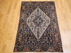 Vintage Persian Malayer Area Rug in Geometric Pattern in Ivory, Navy, Blue