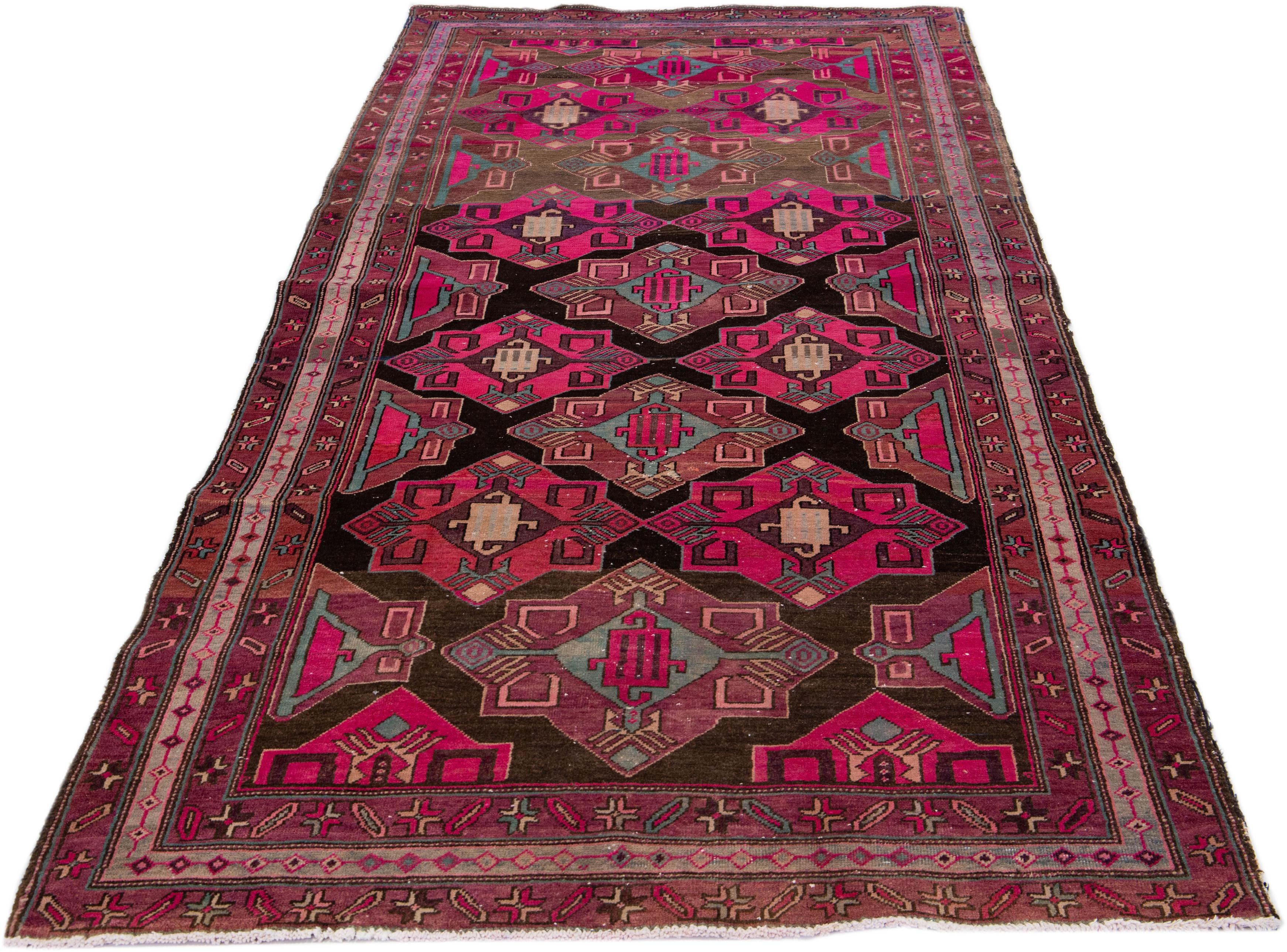 Hand-Knotted Vintage Persian Malayer Brown & Pink Handmade Wool Runner with Allover Design For Sale