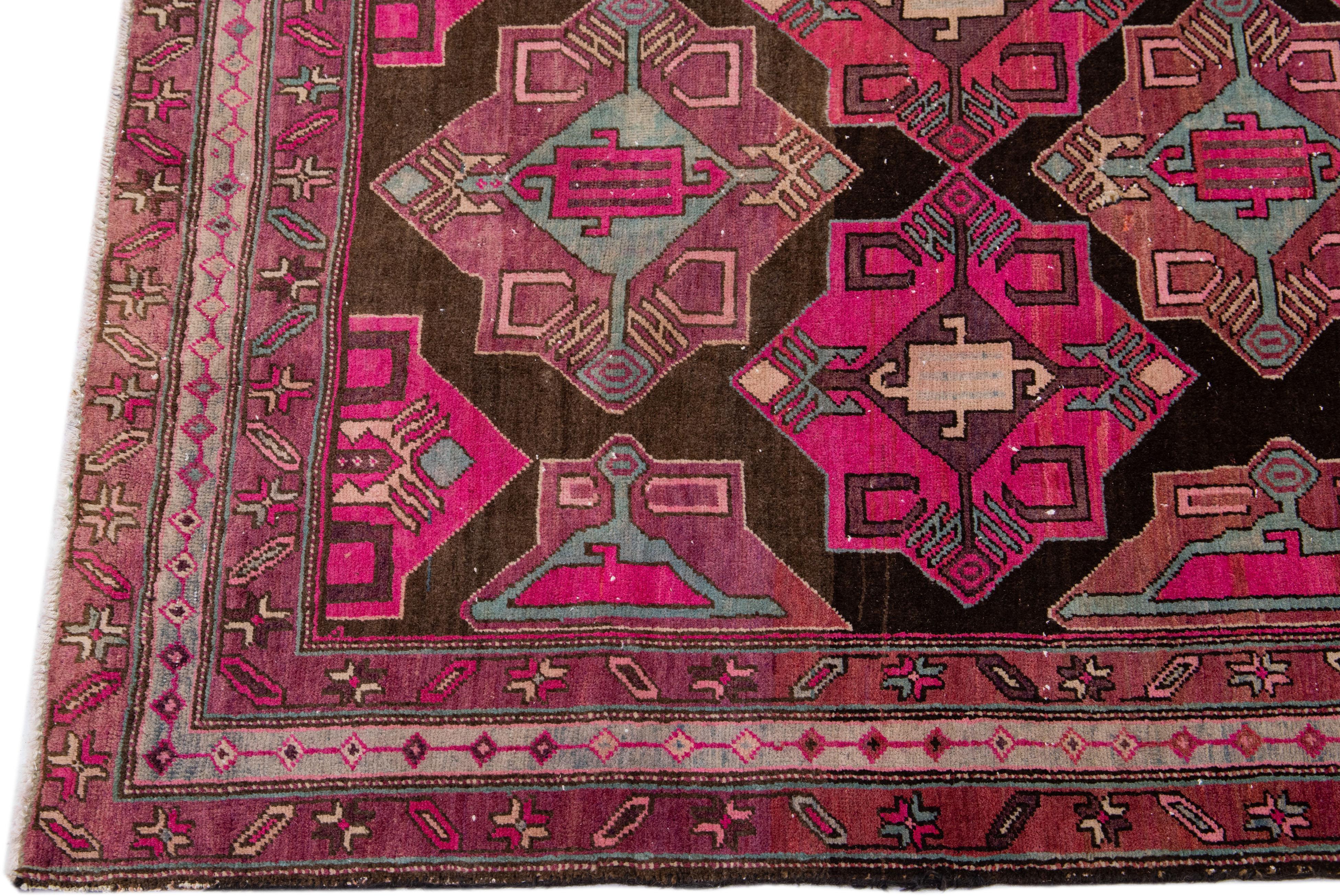 Vintage Persian Malayer Brown & Pink Handmade Wool Runner with Allover Design In Good Condition For Sale In Norwalk, CT