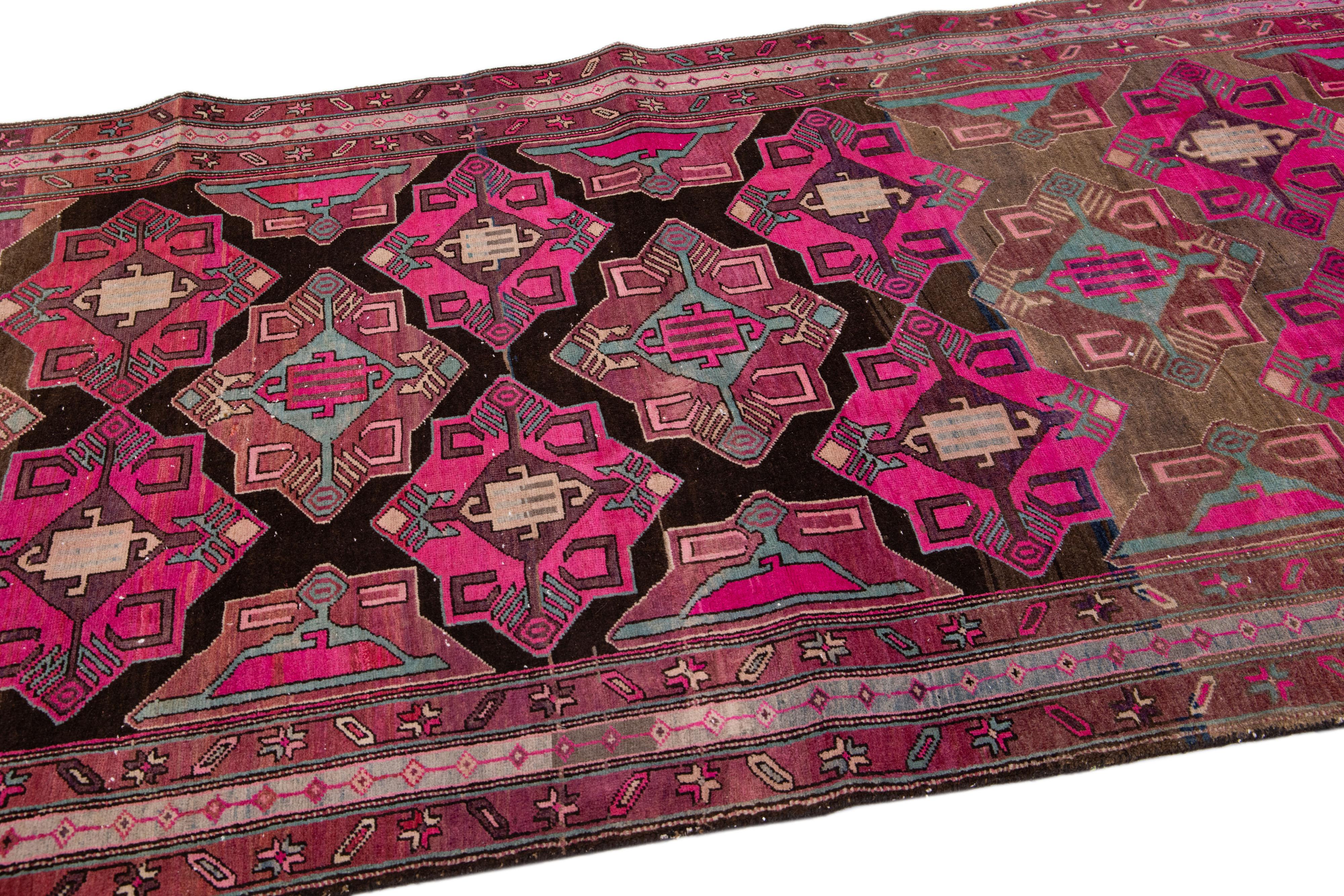 20th Century Vintage Persian Malayer Brown & Pink Handmade Wool Runner with Allover Design For Sale