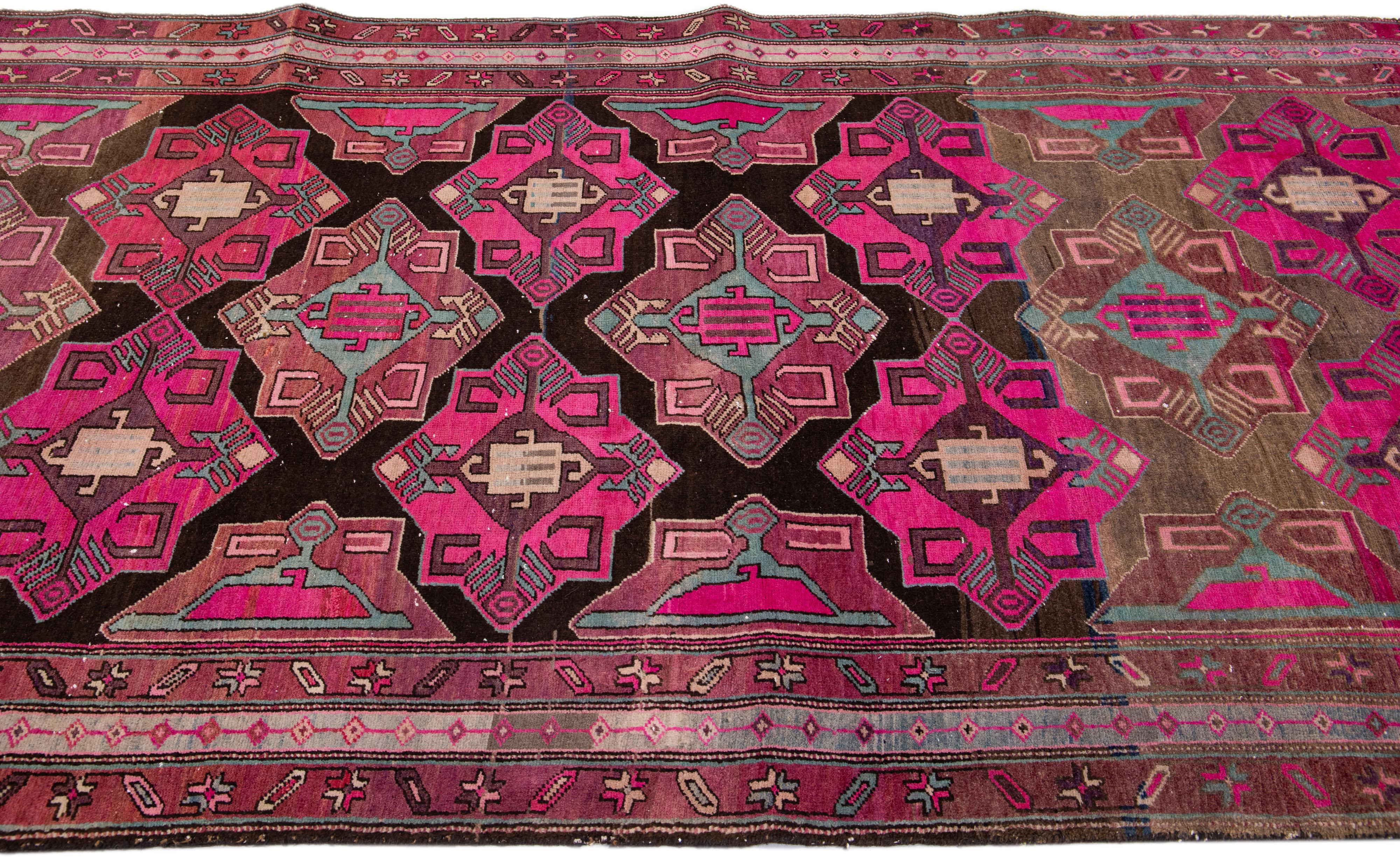 Vintage Persian Malayer Brown & Pink Handmade Wool Runner with Allover Design For Sale 1