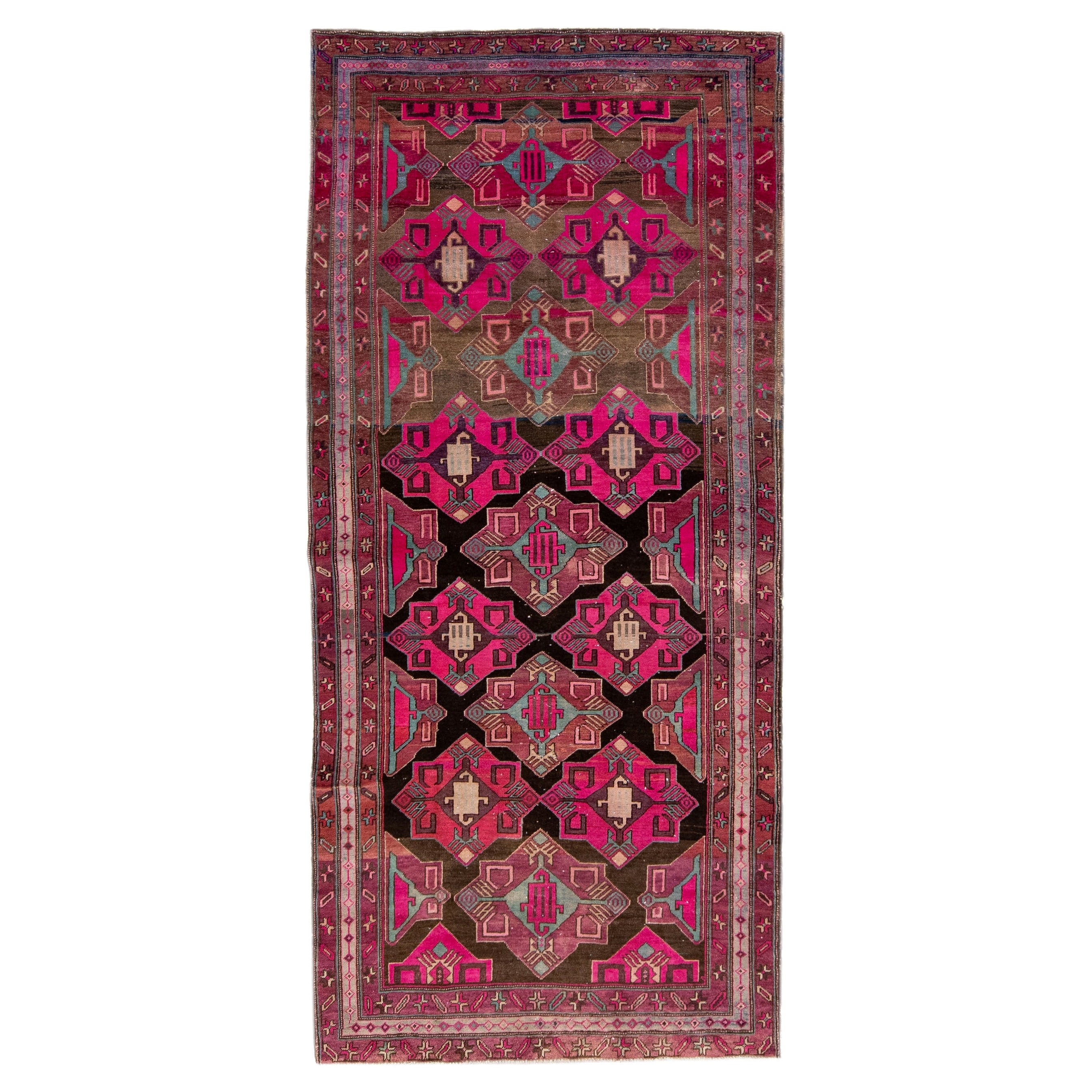 Vintage Persian Malayer Brown & Pink Runner in lana fatto a mano con disegno a trifoglio