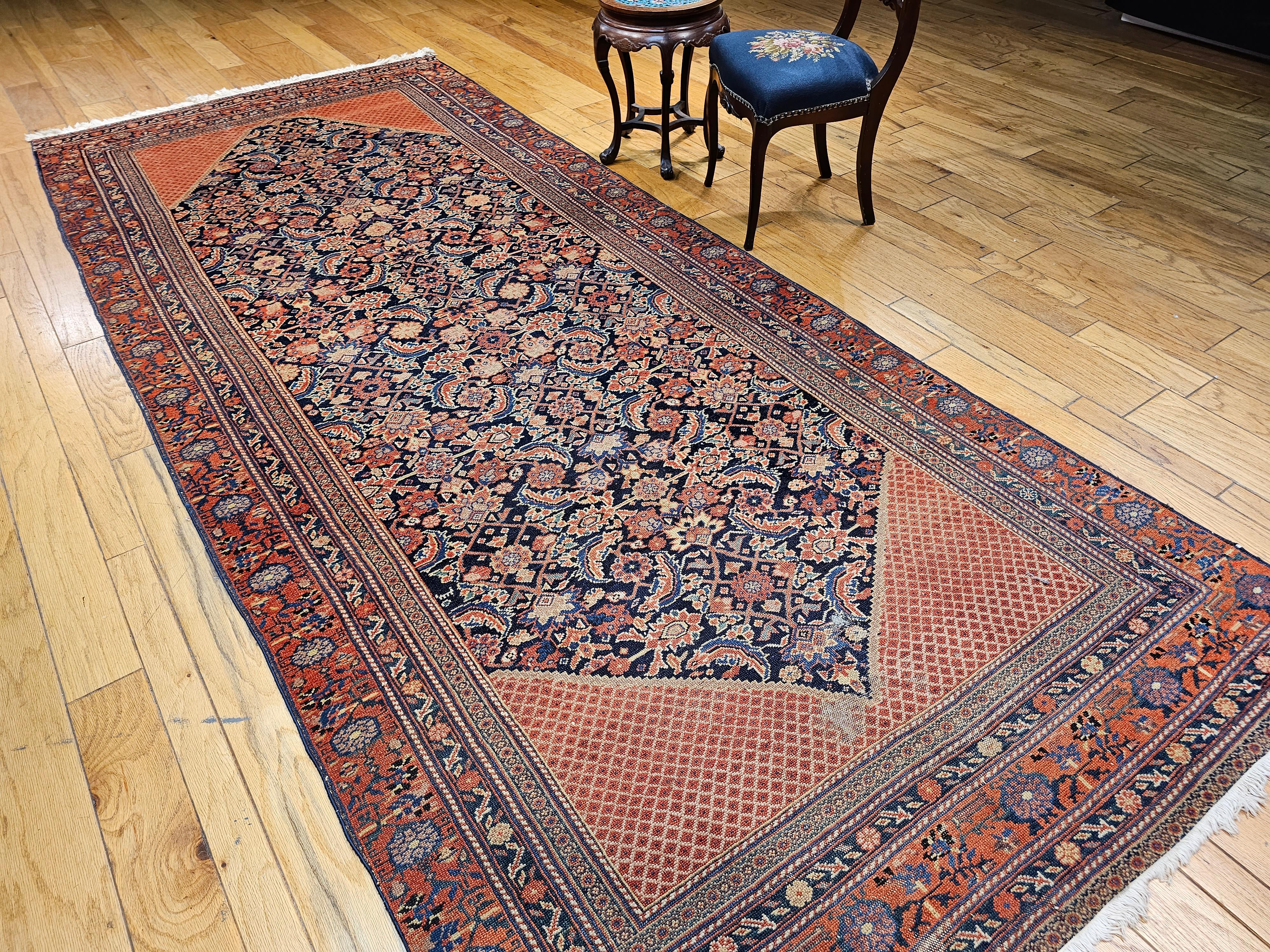 Vintage Persian Malayer Gallery Rug in Allover Herati Pattern in Navy Blue, Red For Sale 6