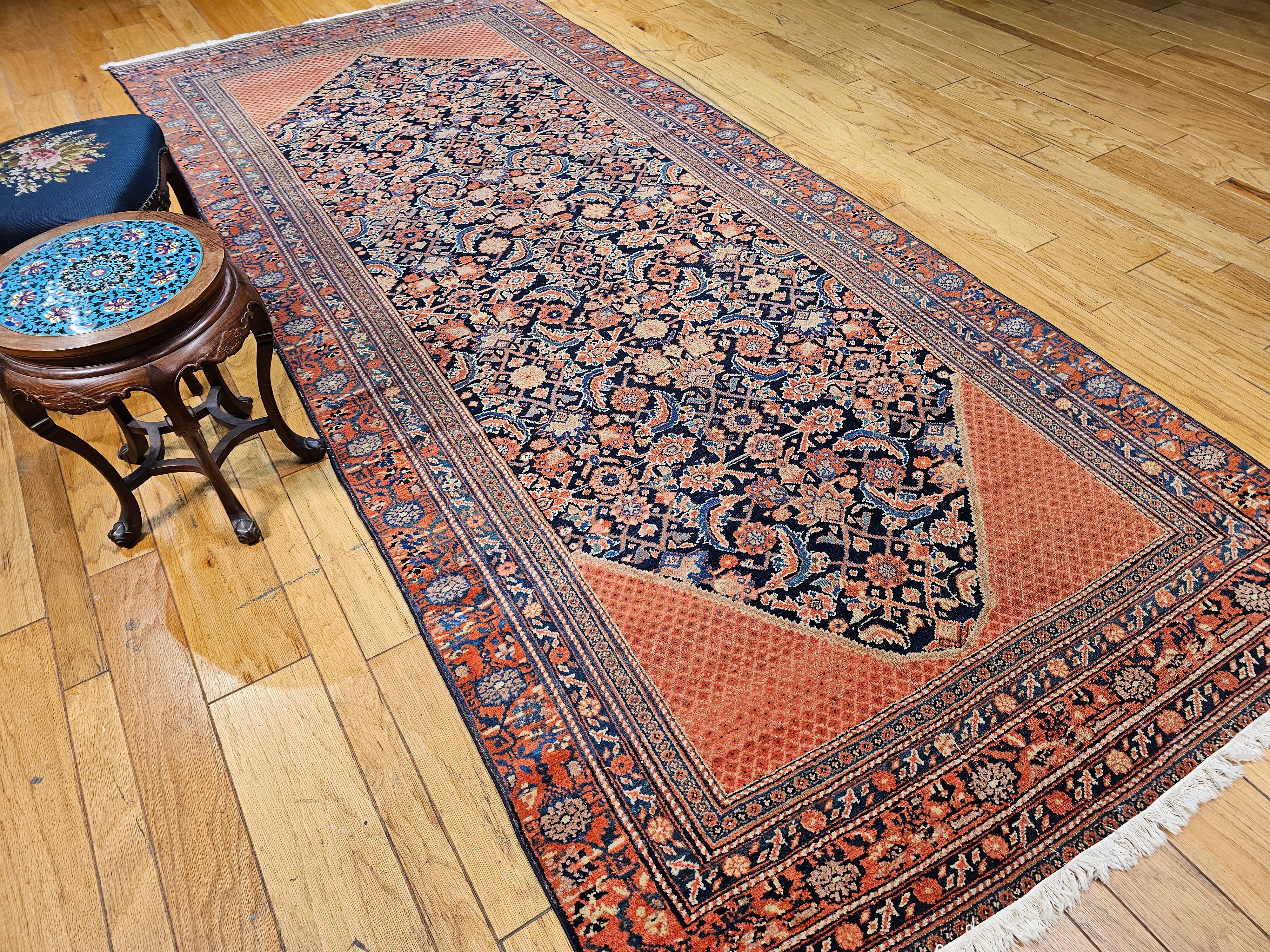 Vintage Persian Malayer Gallery Rug in Allover Herati Pattern in Navy Blue, Red For Sale 9