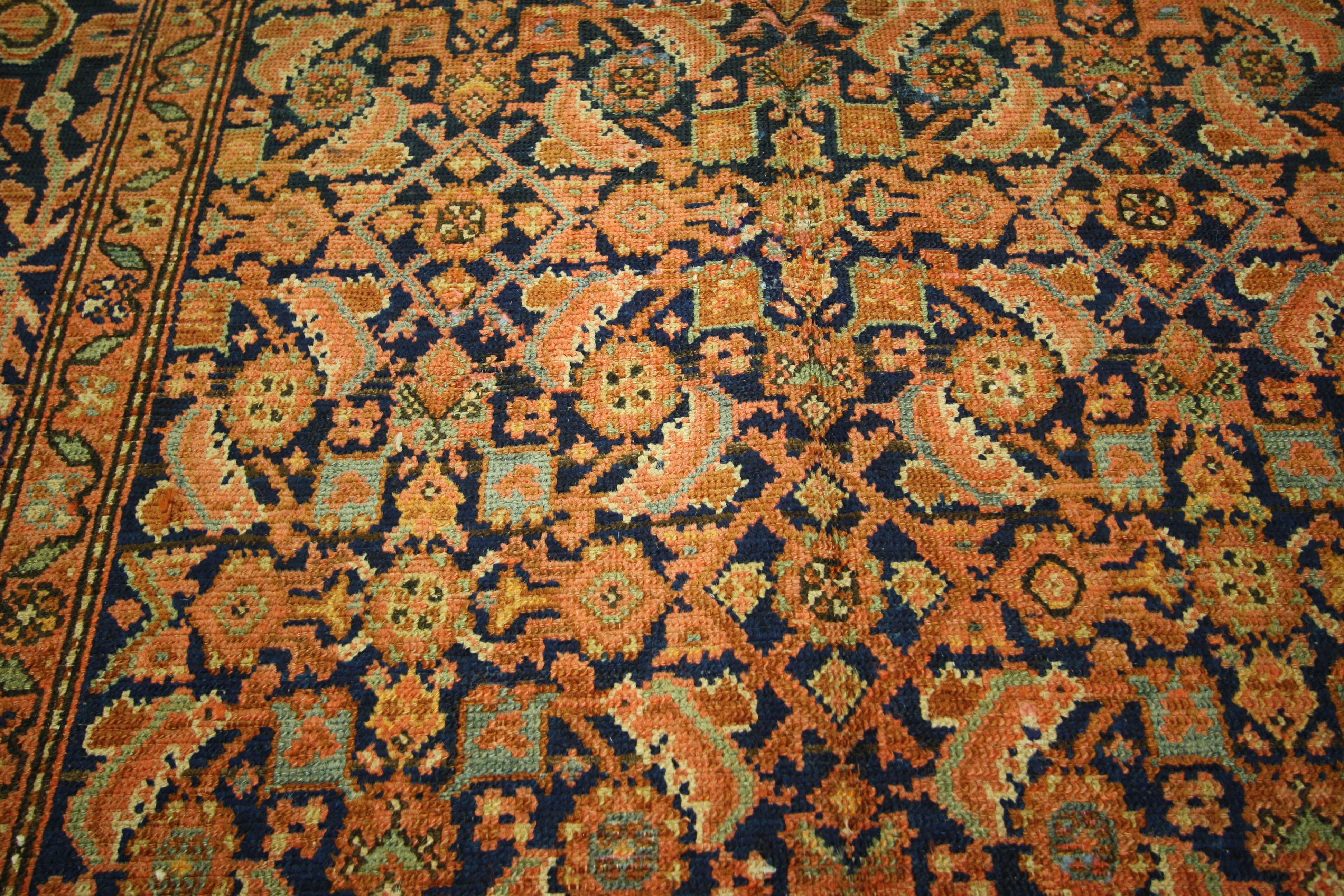 75376 Vintage Persian Malayer Gallery rug, Wide Hallway Runner 04'11 X 10'11. This hand knotted wool vintage Persian Malayer rug features a lively all-over Herati design on an abrashed ink blue field. A highly stylized rendition of the classic