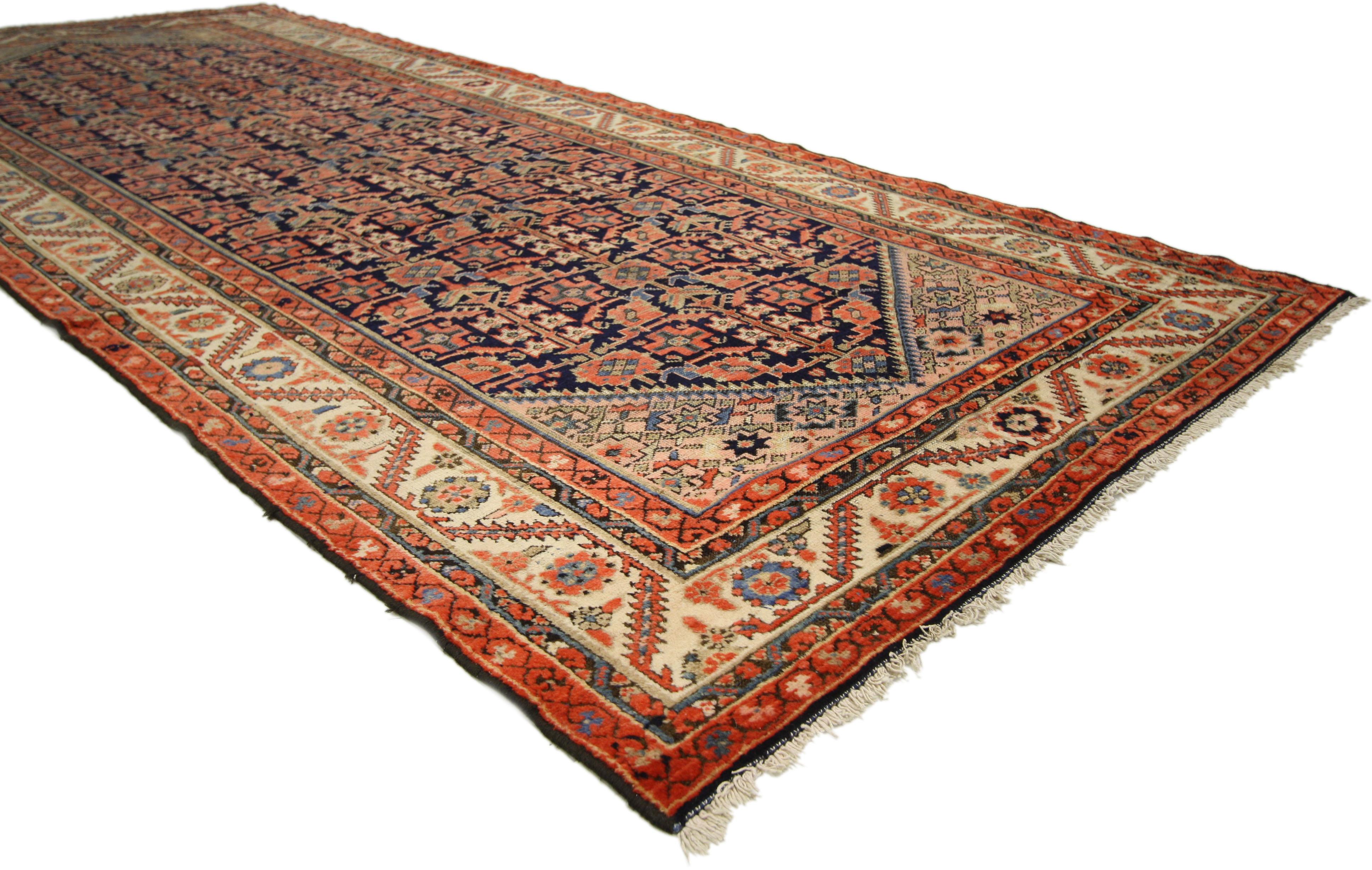 74945 Vintage Persian Malayer Gallery Rug with Guli Hinnai Flower, Wide Hallway Runner. This classic Persian Malayer rug features a repeating geometric floral pattern composed of the Guli Henna which is the Flower of Hinnai also known as Guli