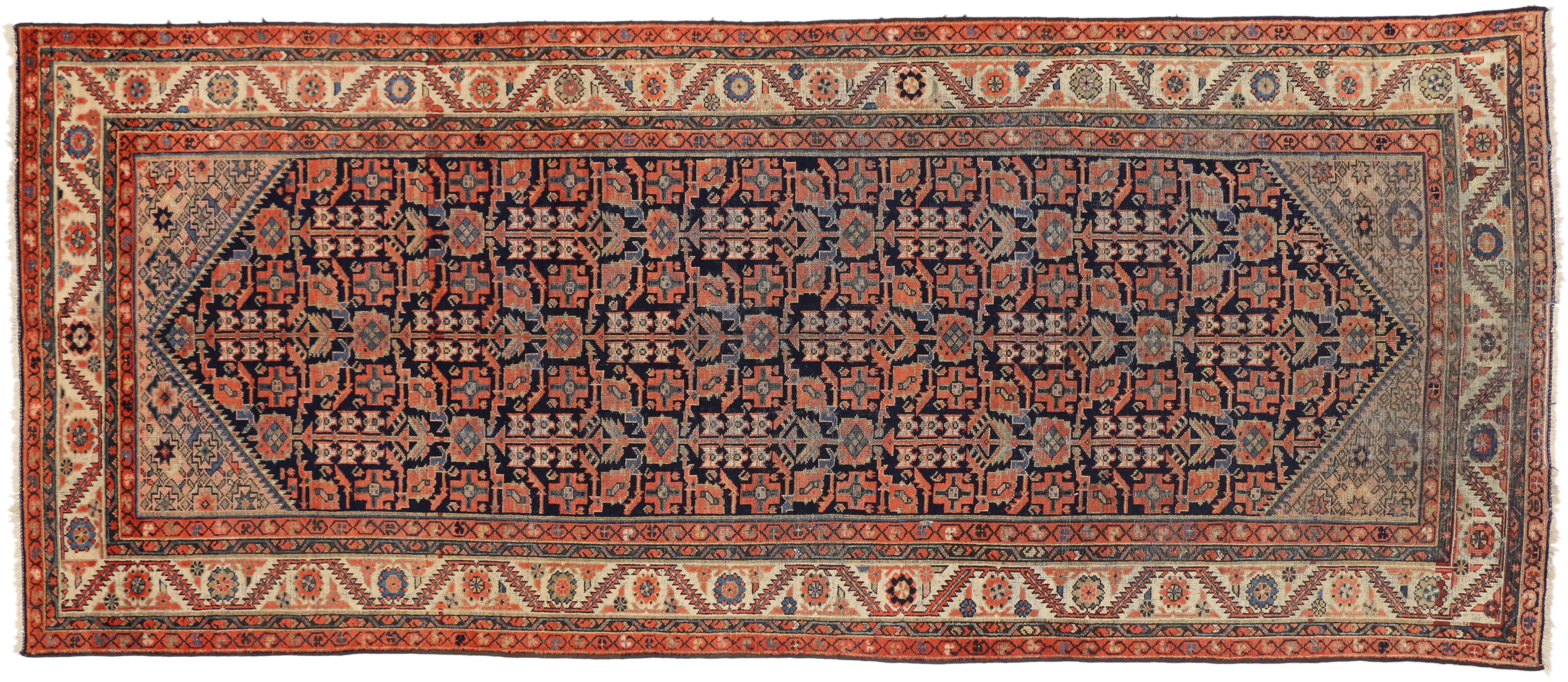 Vintage Persian Malayer Gallery Rug with Guli Hinnai Flower, Wide Hallway Runner In Good Condition For Sale In Dallas, TX