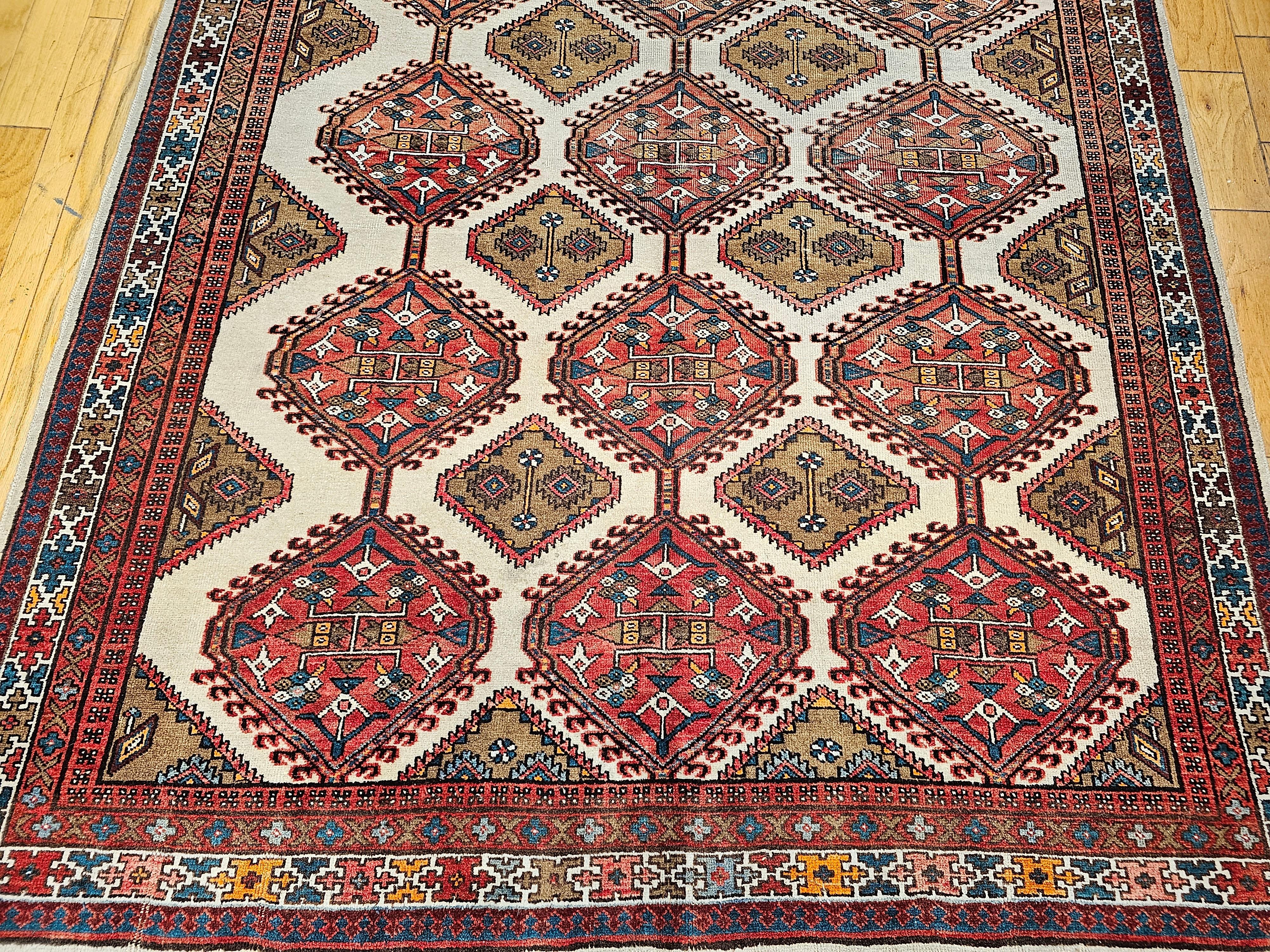 Hand-Knotted Vintage Persian Malayer in All-Over Pattern in Ivory, Camelhair, Red, Green For Sale