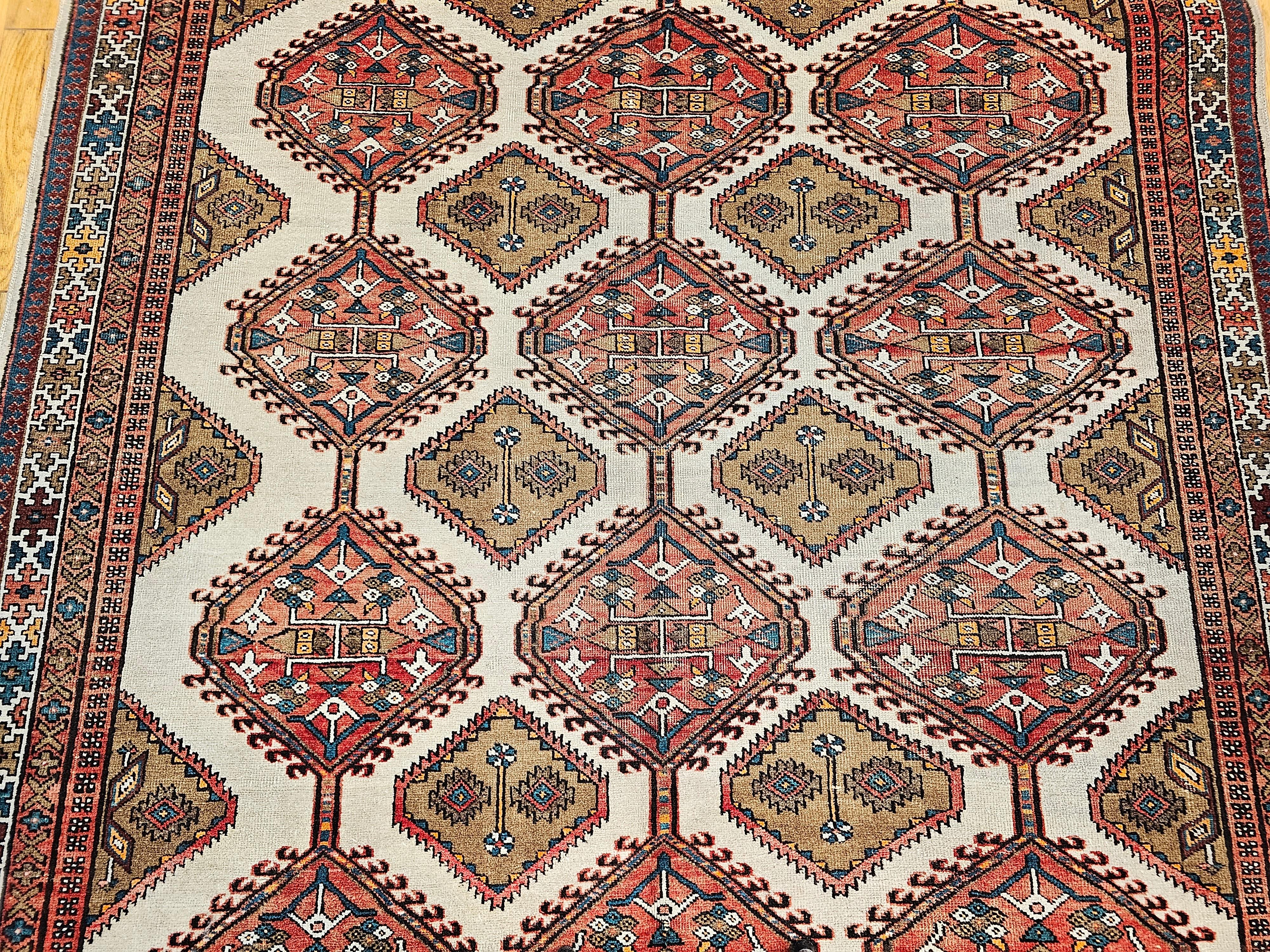 Vintage Persian Malayer in All-Over Pattern in Ivory, Camelhair, Red, Green In Good Condition For Sale In Barrington, IL